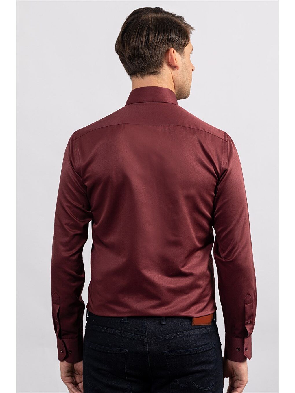 Erkek Modern Slim Fit Düz Saten Pamuklu Bordo Gömlek-3