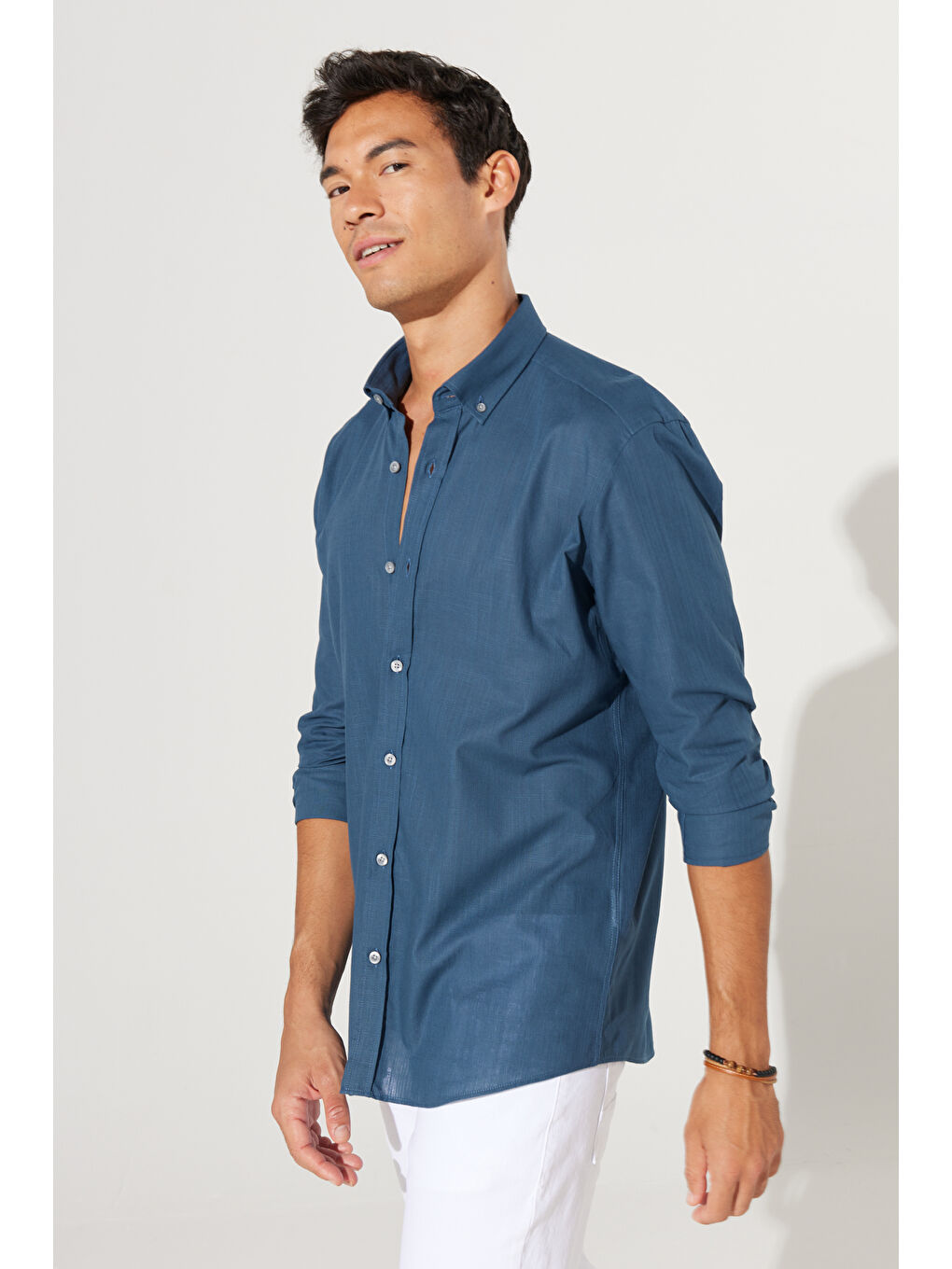 Erkek Koyu Petrol %100 Pamuk Oxford Slim Fit Dar Kesim Düğmeli Yaka Flamlı Gömlek-1
