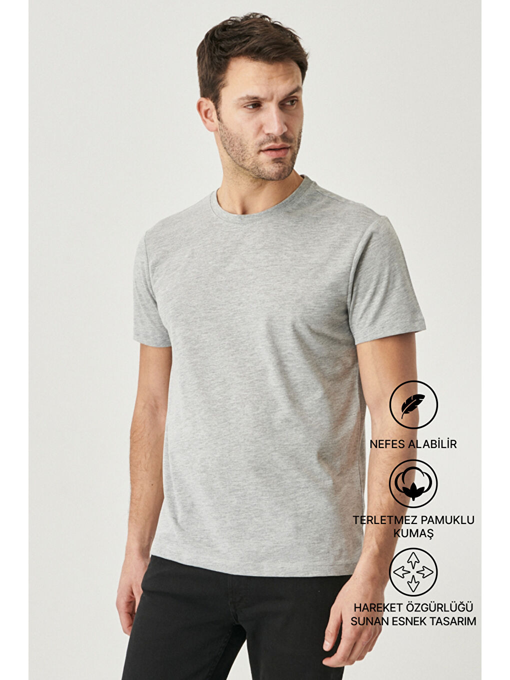 Erkek Gri Melanj Slim Fit Dar Kesim %100 Pamuk Bisiklet Yaka Kısa Kollu Tişört-1