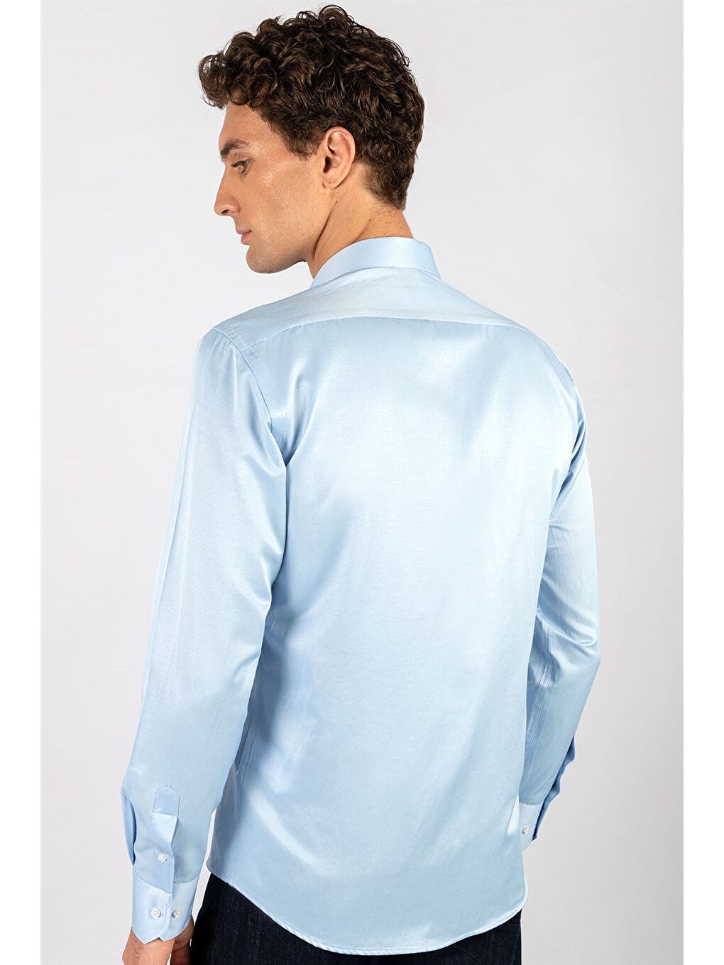 Modern Slim Fit Uzun Kollu Düz Saten Pamuklu Erkek Mavi Gömlek-3