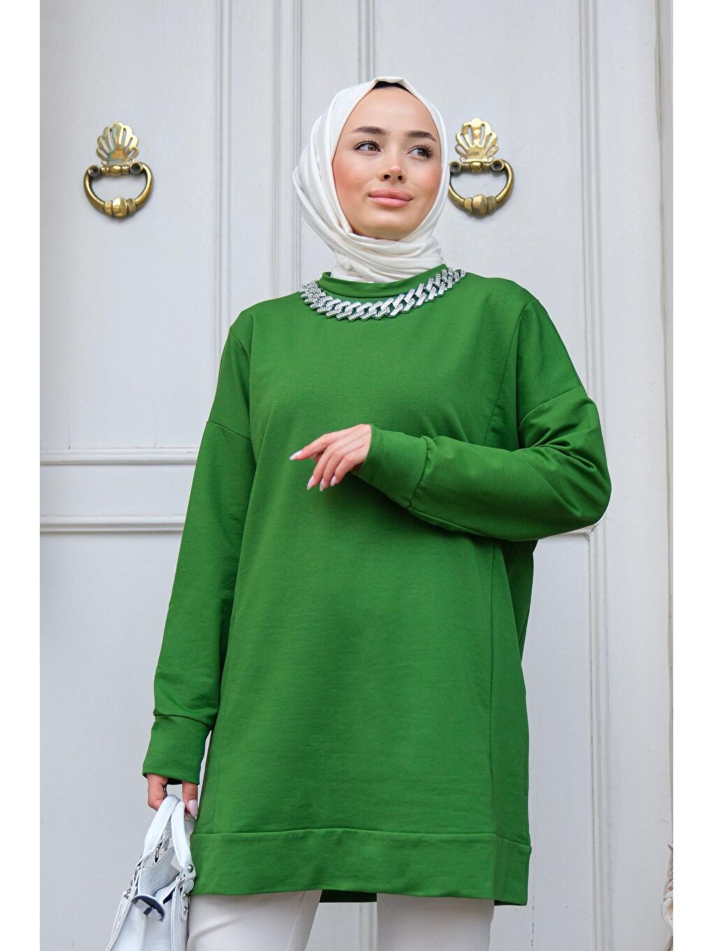 Bisiklet Yaka Kolyeli Tunik Zümrüt Yeşil-2