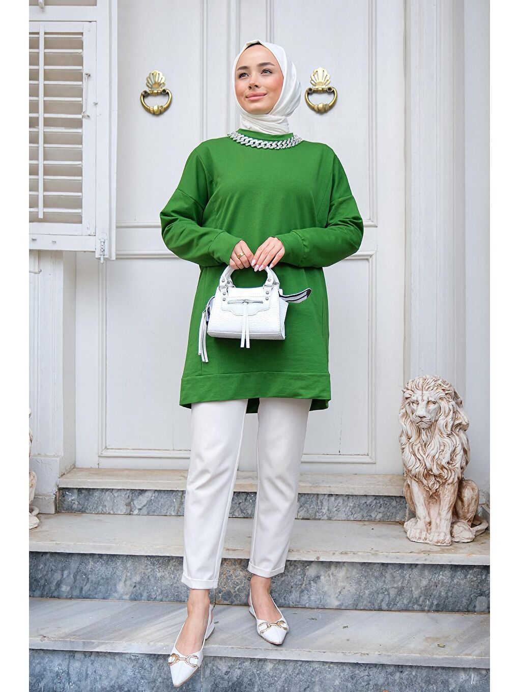 Bisiklet Yaka Kolyeli Tunik Zümrüt Yeşil-3