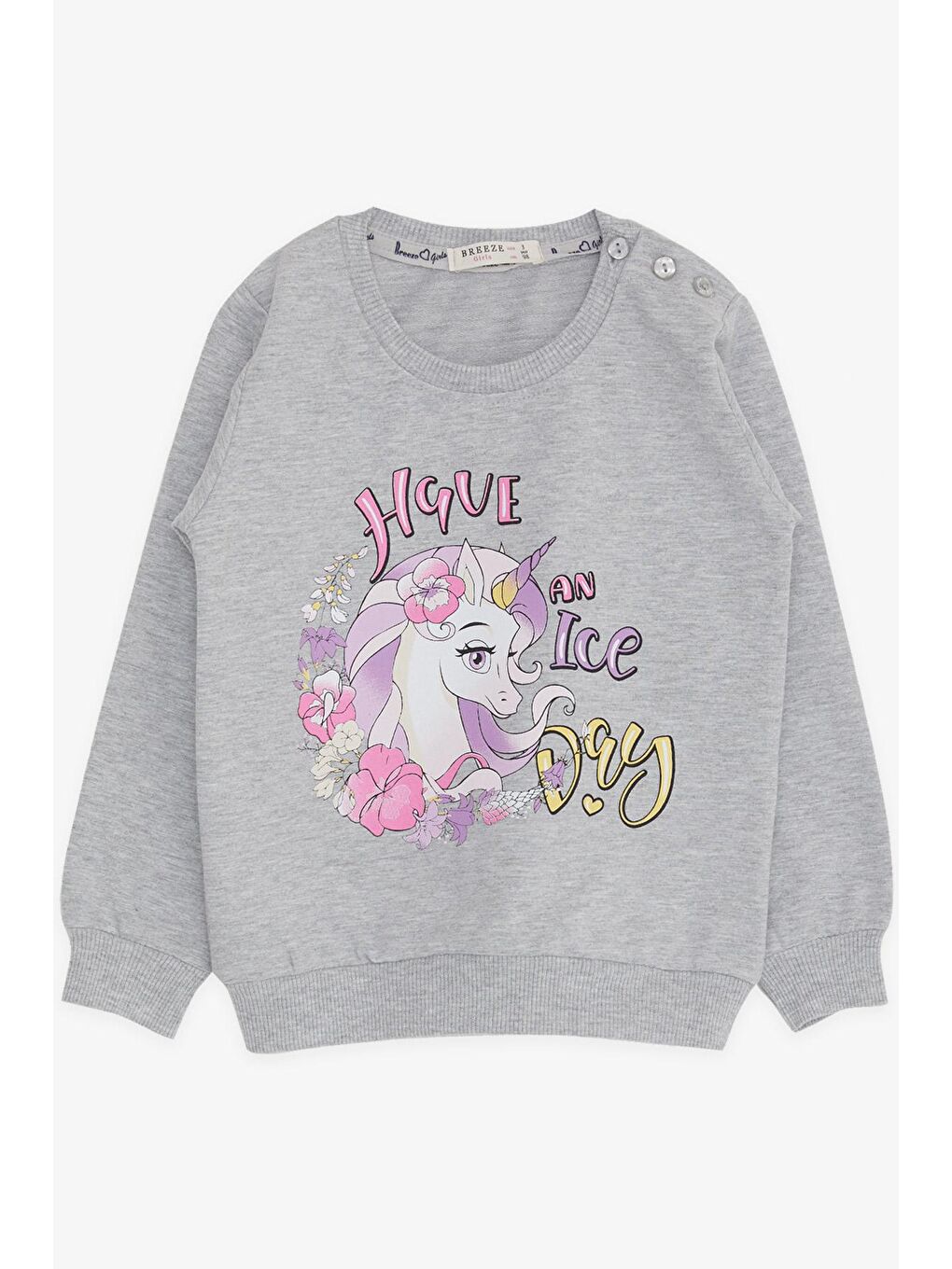 Breeze Bej-Gri Kız Çocuk Sweatshirt Unicorn Baskılı Gri Melanj (2-4 Yaş)