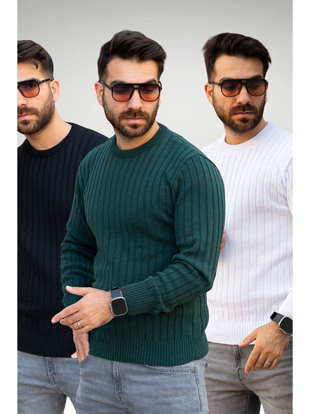 Trendseninle Karişik Siyah Yeşil Beyaz Selanik Bisiklet Yaka Triko Erkek Kazak 3'lü Set