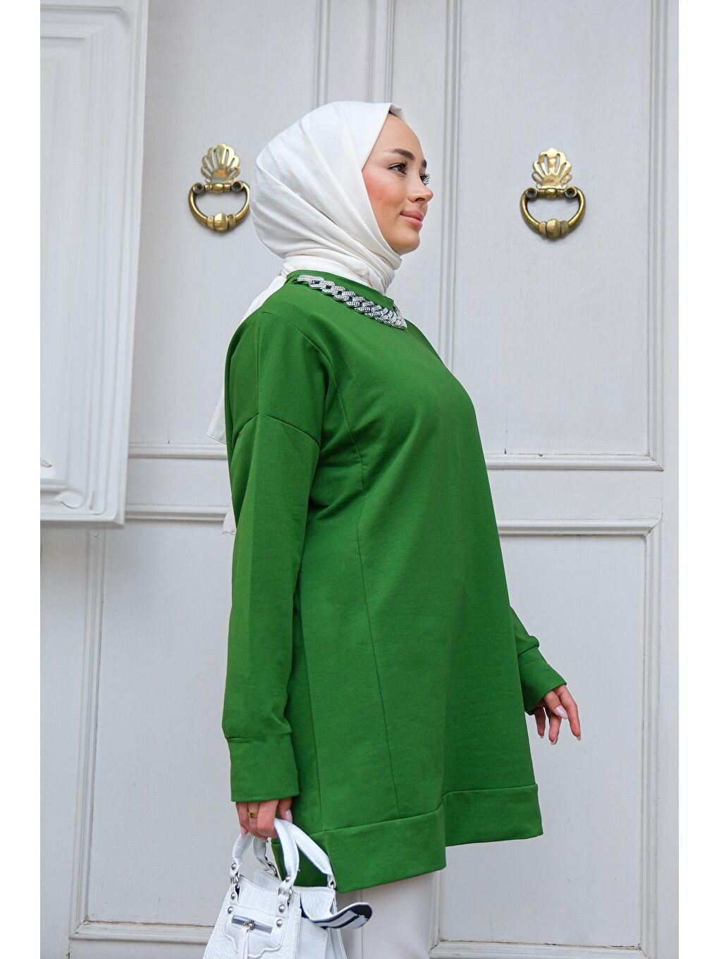 Bisiklet Yaka Kolyeli Tunik Zümrüt Yeşil-4