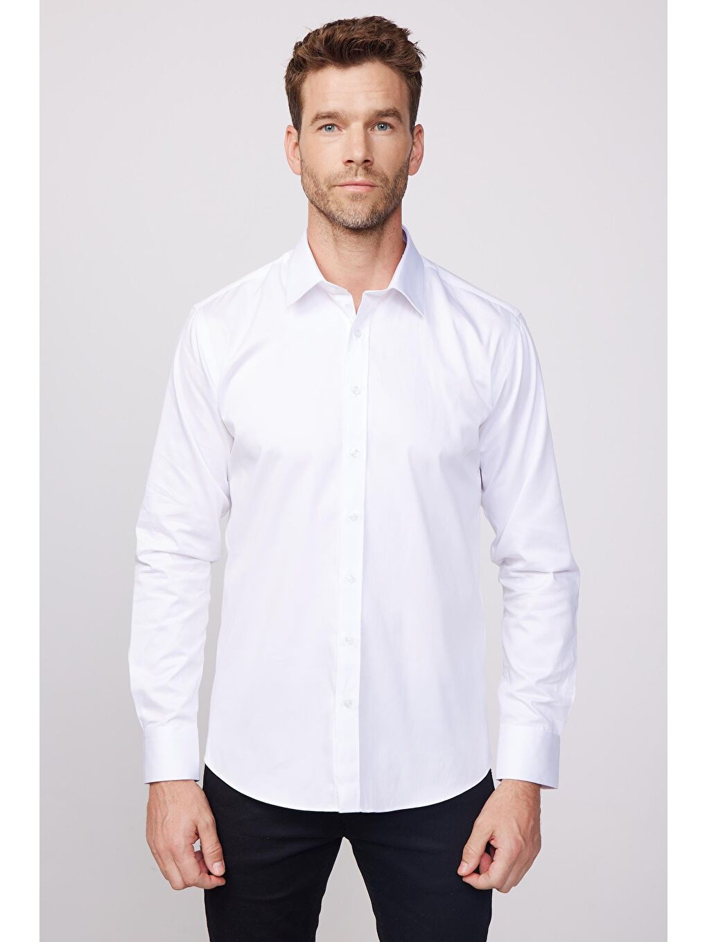 Modern Slim Fit Uzun Kollu Pamuk Saten Premium Seri Erkek Beyaz Gömlek-1