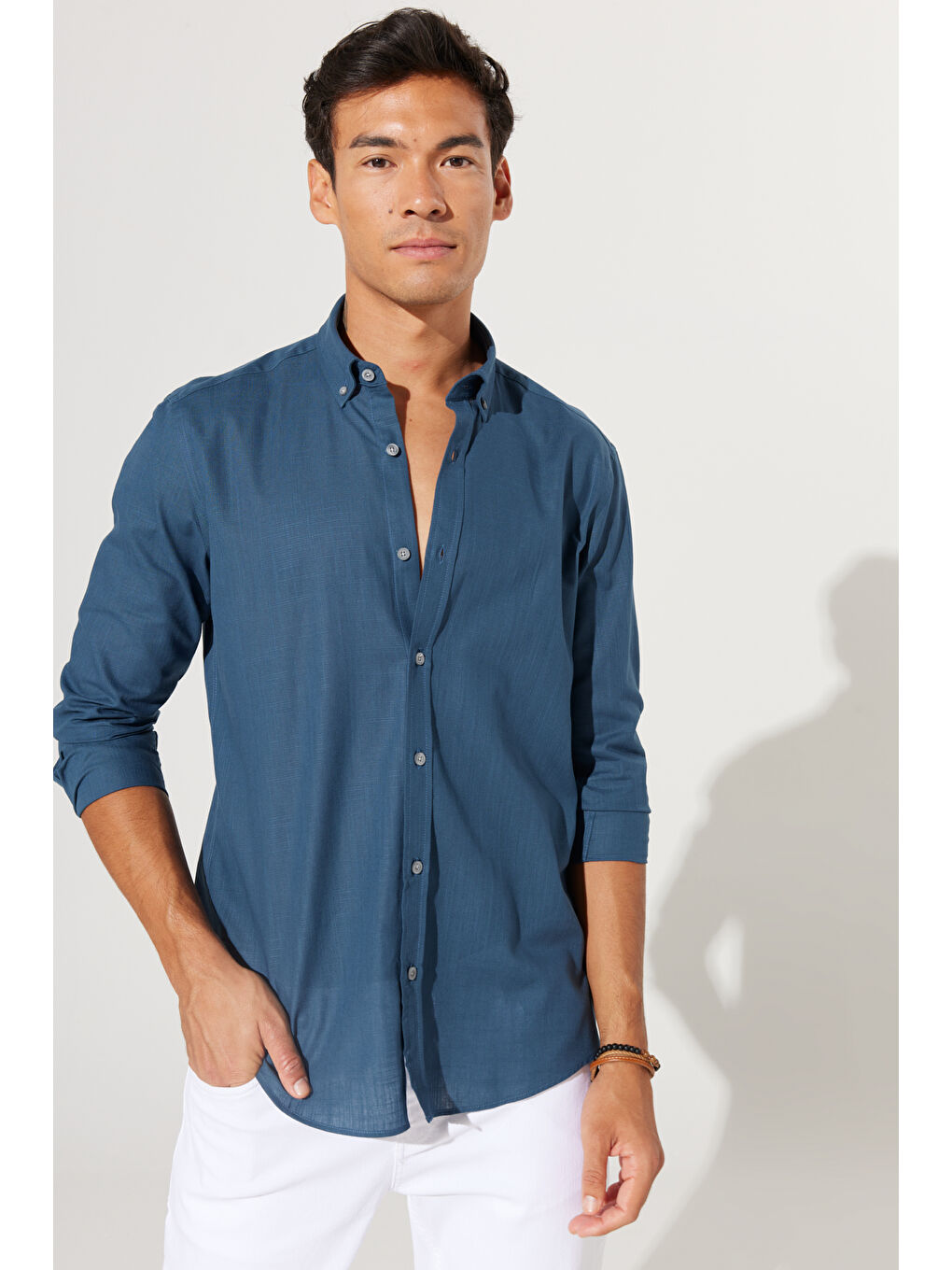 Erkek Koyu Petrol %100 Pamuk Oxford Slim Fit Dar Kesim Düğmeli Yaka Flamlı Gömlek-6