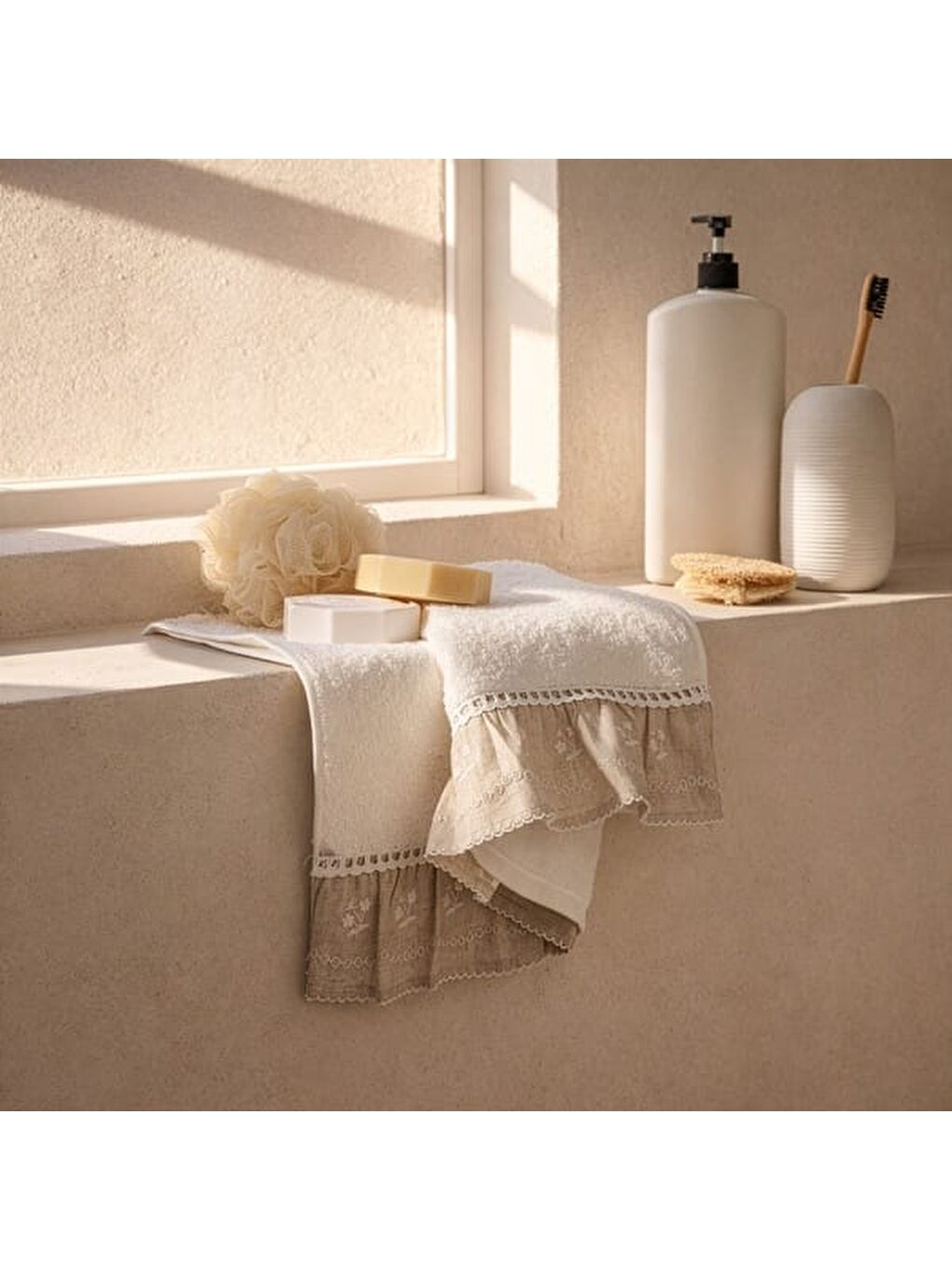 Soft French Cottage Twin Çiçek Desenli Yüz Havlusu - Ekru - 50x90 cm