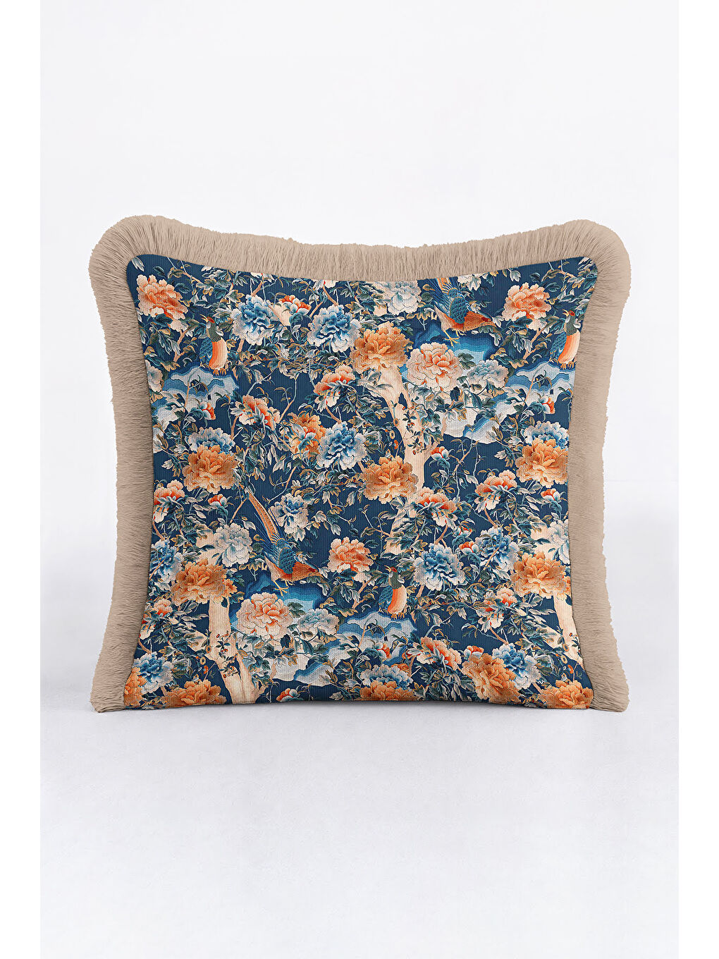 Karışık Kraliyet Sarayı Stil Saçaklı Yastık Kılıfı - Esintili Klasik Mavi Altın Renk Püsküllü Kırlent Kılıfı-1