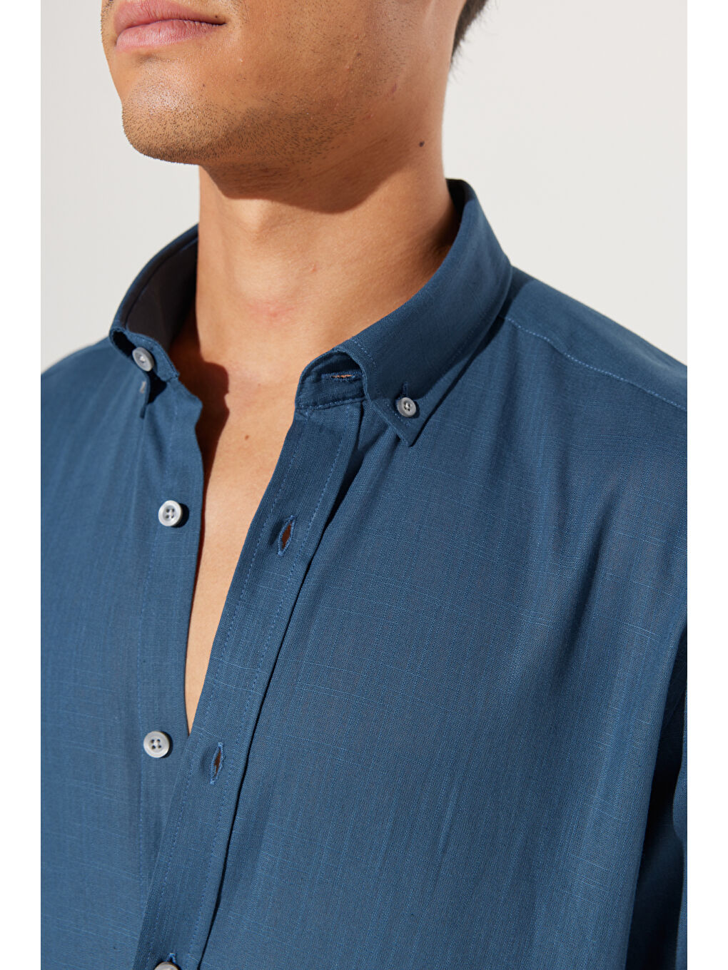 Erkek Koyu Petrol %100 Pamuk Oxford Slim Fit Dar Kesim Düğmeli Yaka Flamlı Gömlek-7