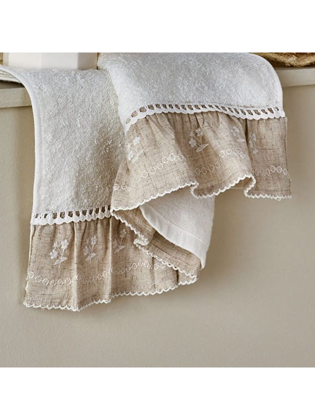 Soft French Cottage Twin Çiçek Desenli Yüz Havlusu - Ekru - 50x90 cm-3