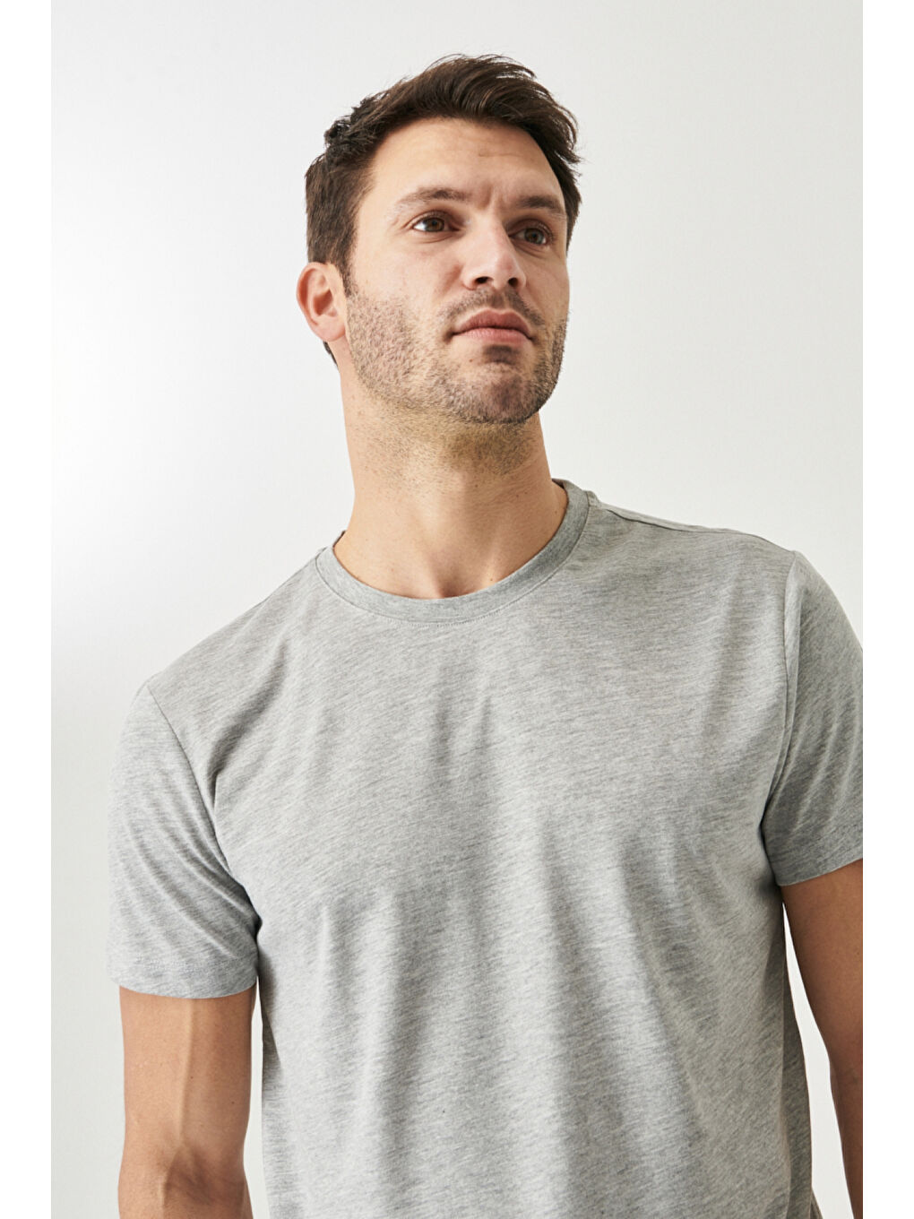 Erkek Gri Melanj Slim Fit Dar Kesim %100 Pamuk Bisiklet Yaka Kısa Kollu Tişört-7