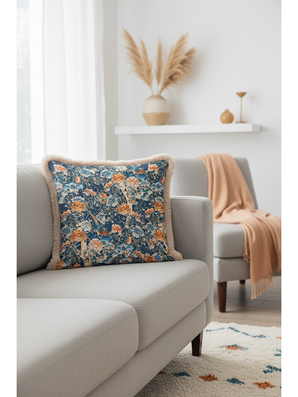 Karışık Kraliyet Sarayı Stil Saçaklı Yastık Kılıfı - Esintili Klasik Mavi Altın Renk Püsküllü Kırlent Kılıfı-2