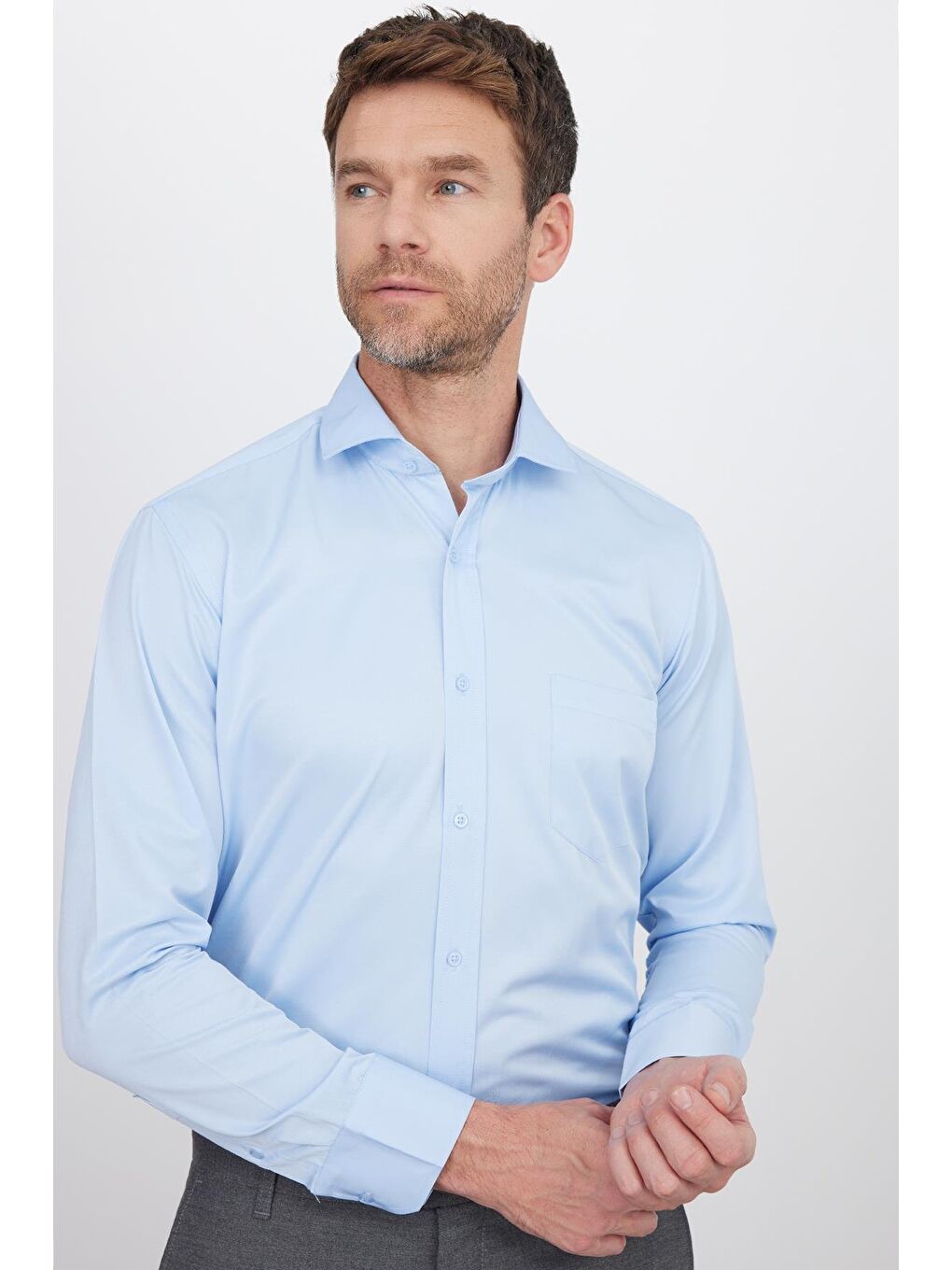Erkek Regular Fit Klasik Kesim Pamuklu Düz Mavi Gömlek