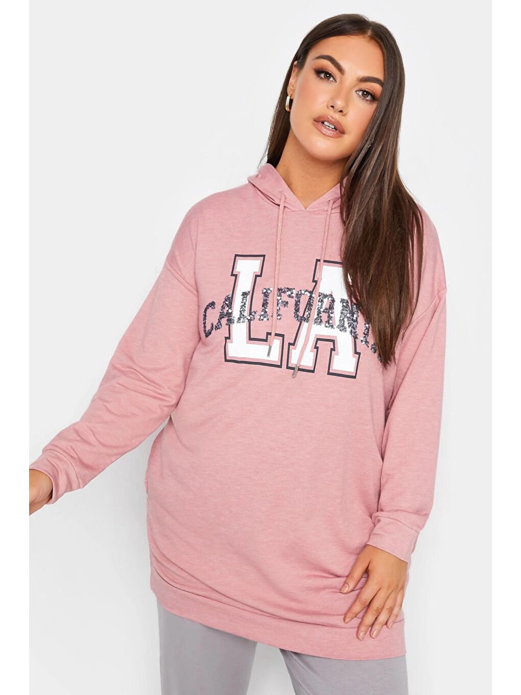 Stil Diva Pembe Büyük Beden Kapüşonlu Payet Ve Yazı Detaylı Uzun Kollu Cepli Sweatshirt 302567