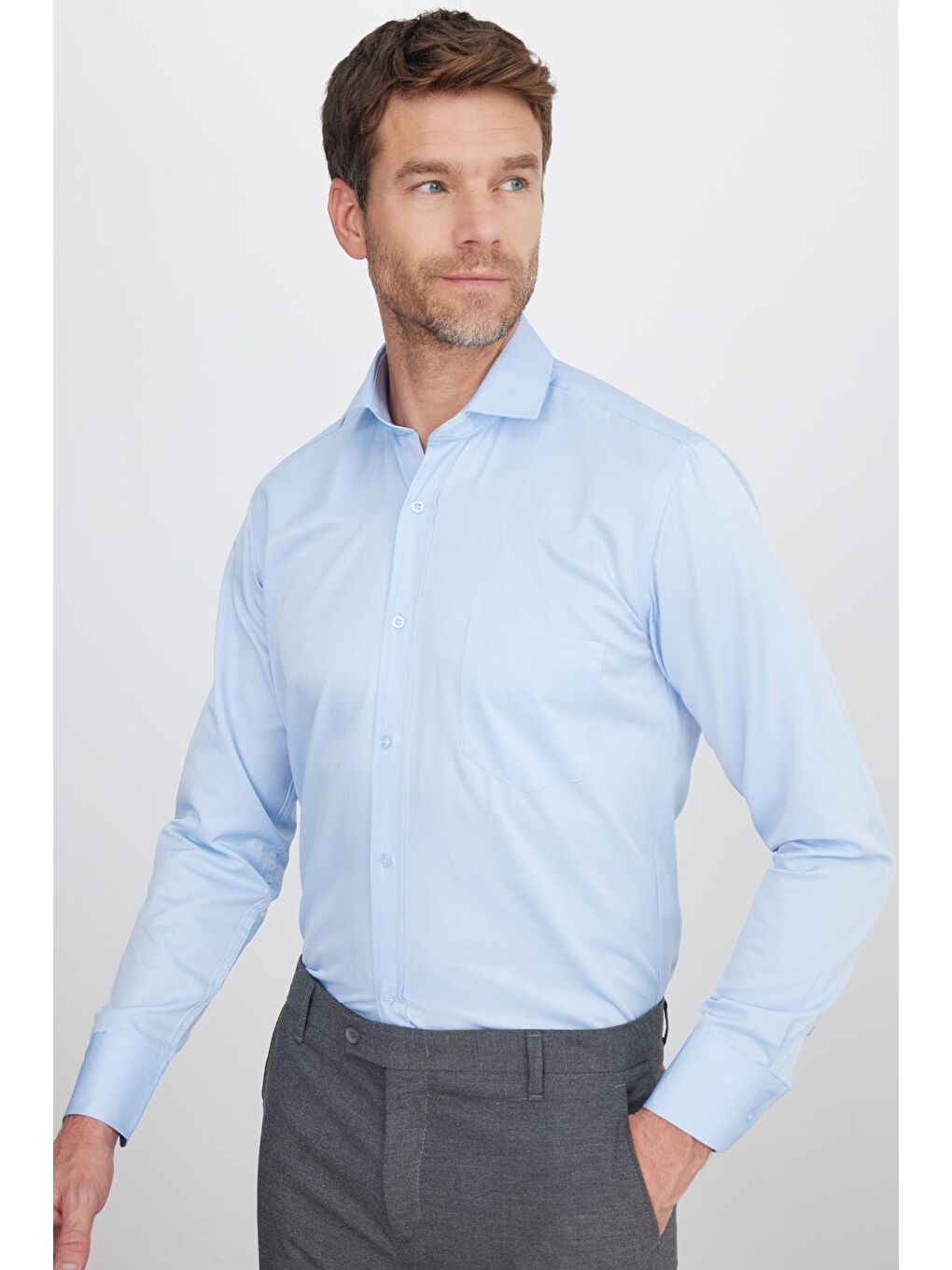 Erkek Regular Fit Klasik Kesim Pamuklu Düz Mavi Gömlek-1