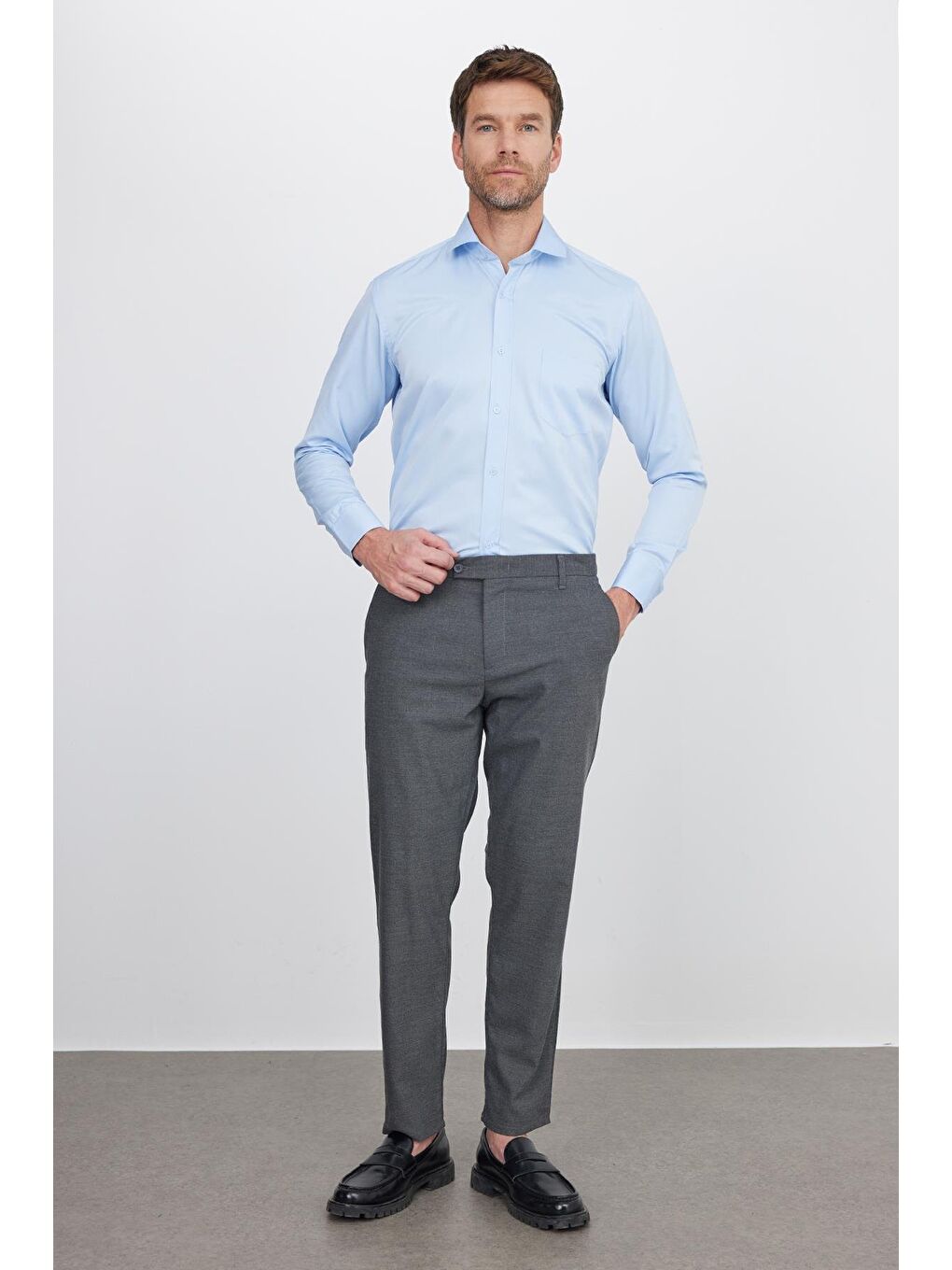 Erkek Regular Fit Klasik Kesim Pamuklu Düz Mavi Gömlek-3