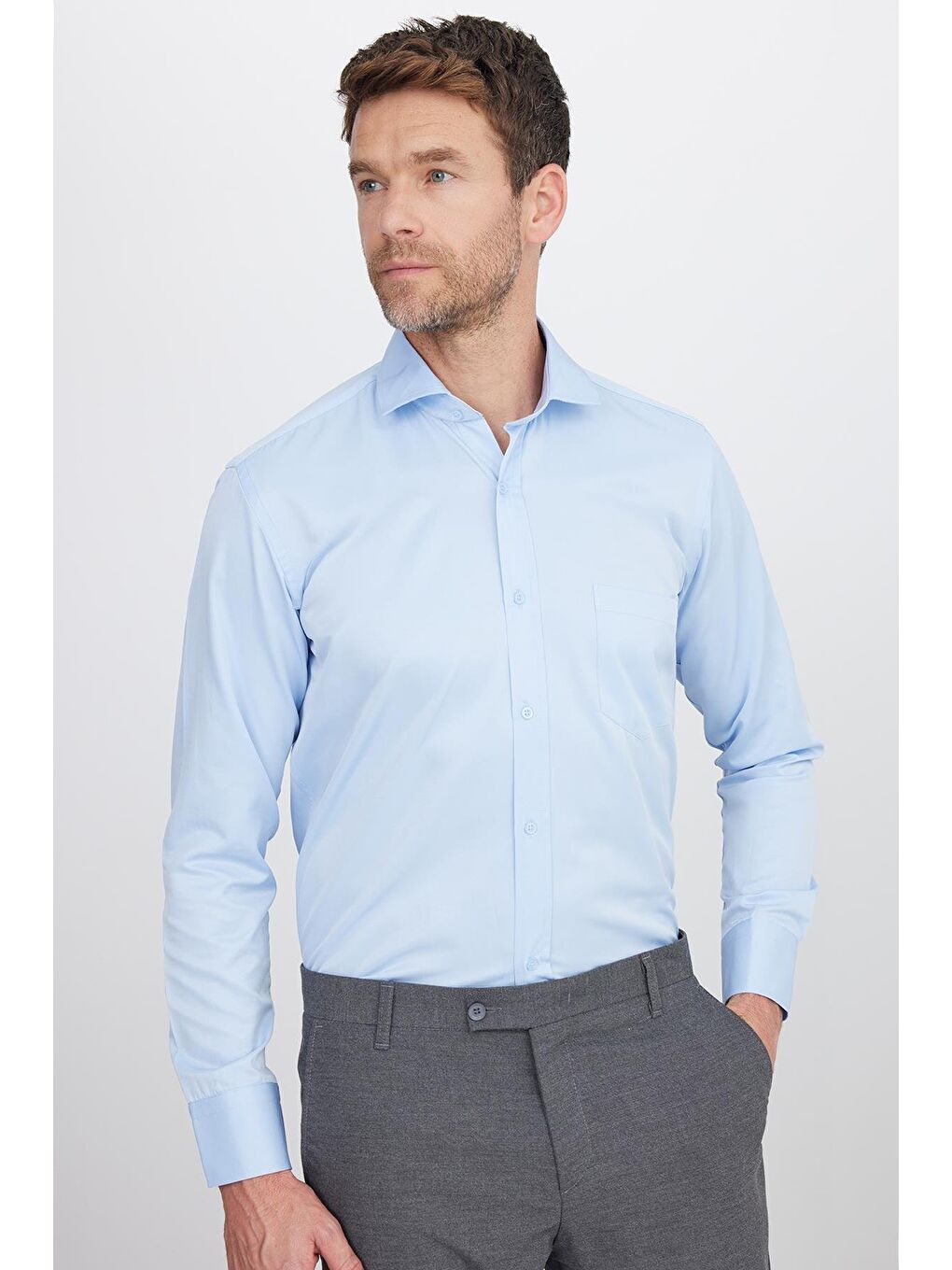 Erkek Regular Fit Klasik Kesim Pamuklu Düz Mavi Gömlek-4
