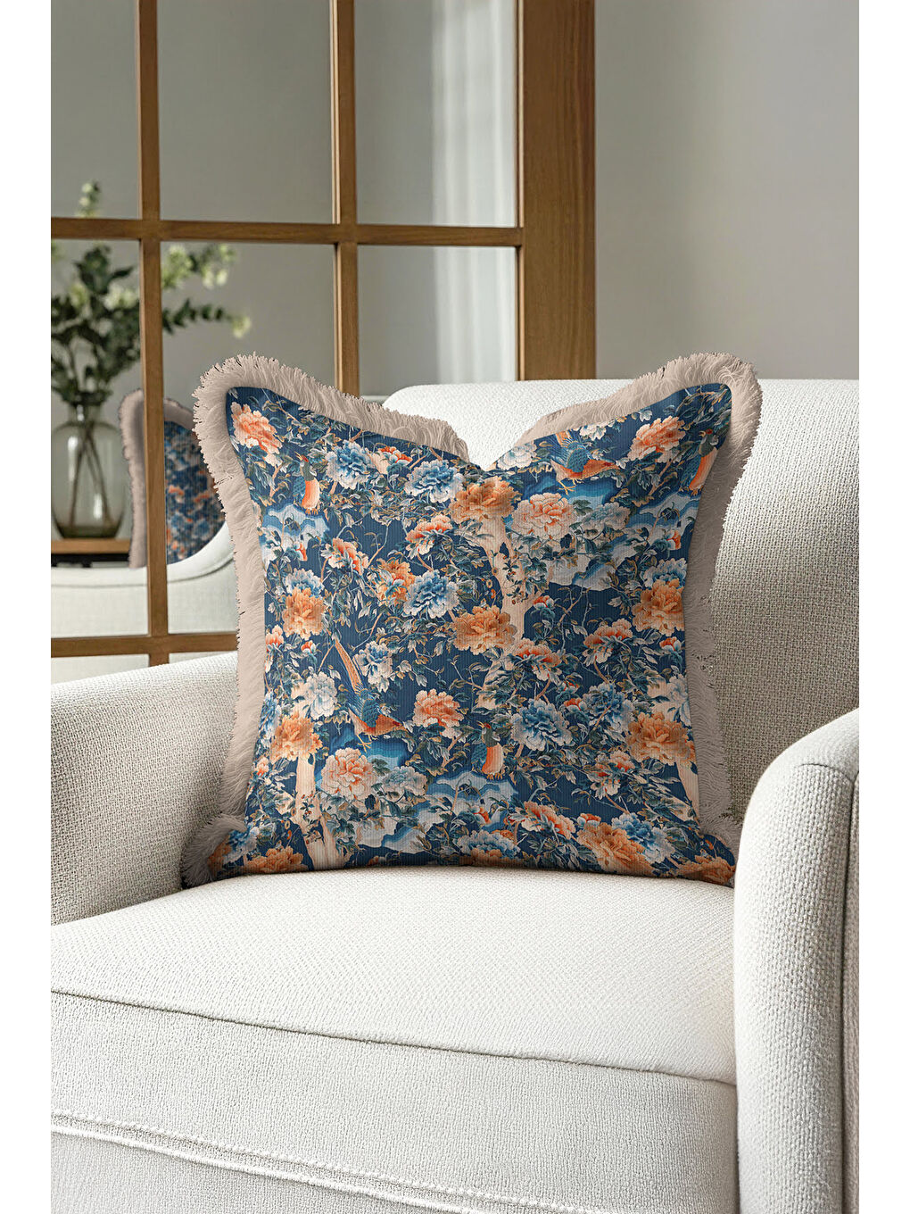 Karışık Kraliyet Sarayı Stil Saçaklı Yastık Kılıfı - Esintili Klasik Mavi Altın Renk Püsküllü Kırlent Kılıfı-4