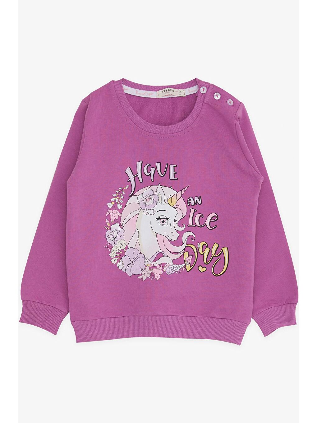 Breeze Eflatun-Beyaz Kız Çocuk Sweatshirt Unicorn Baskılı Eflatun (2 Yaş)