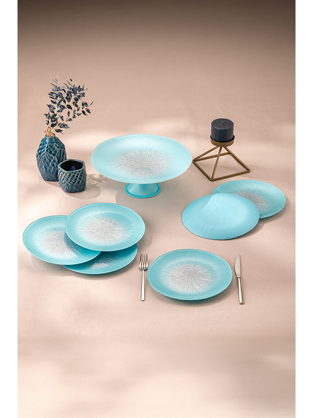 Pastel 7 Parça Cam Pasta / Tatlı Seti Mavi-4