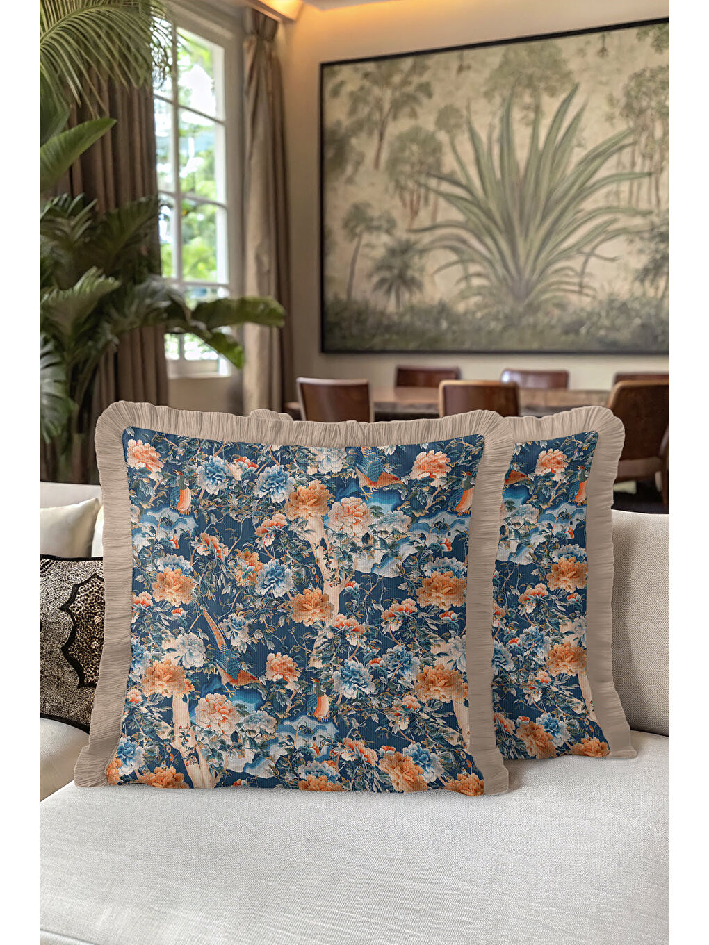 Karışık Kraliyet Sarayı Stil Saçaklı Yastık Kılıfı - Esintili Klasik Mavi Altın Renk Püsküllü Kırlent Kılıfı-5