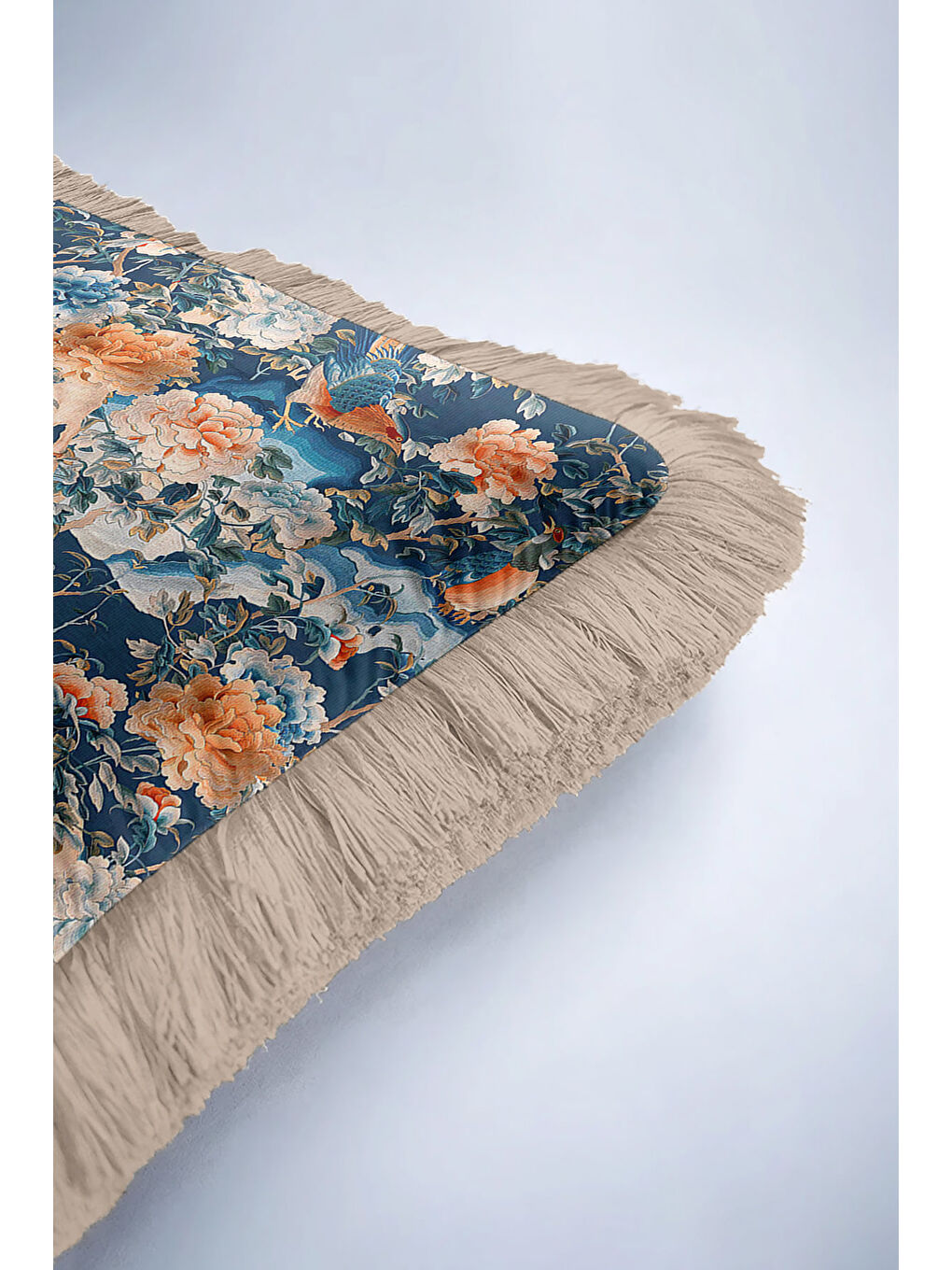 Karışık Kraliyet Sarayı Stil Saçaklı Yastık Kılıfı - Esintili Klasik Mavi Altın Renk Püsküllü Kırlent Kılıfı-6