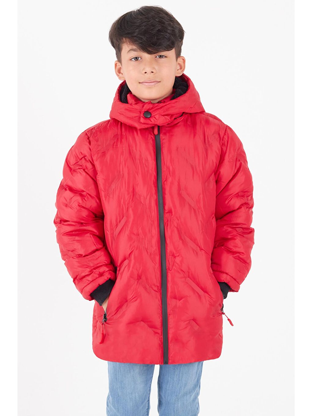 Kırmızı Erkek Çocuk Mont Çapraz Baskılı Kapüşonlu Şişme Mont 14539-1