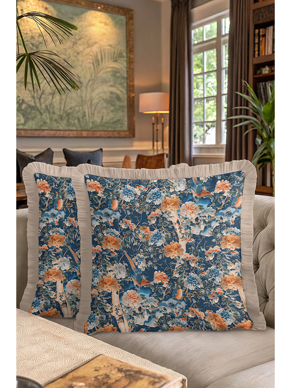 Karışık Kraliyet Sarayı Stil Saçaklı Yastık Kılıfı - Esintili Klasik Mavi Altın Renk Püsküllü Kırlent Kılıfı-7