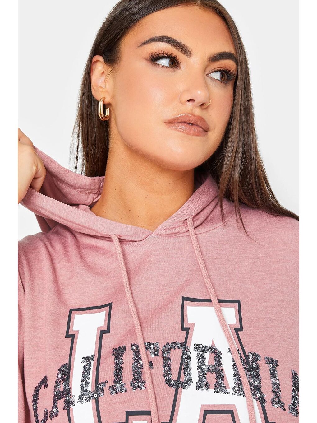 Stil Diva Pembe Büyük Beden Kapüşonlu Payet Ve Yazı Detaylı Uzun Kollu Cepli Sweatshirt 302567 - 3