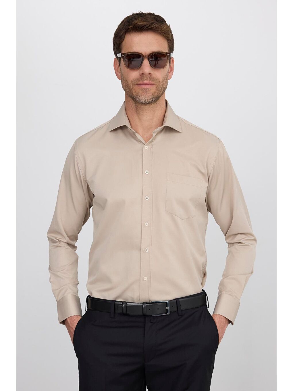 Erkek Regular Fit Klasik Kesim Pamuklu Düz Bej Gömlek-1