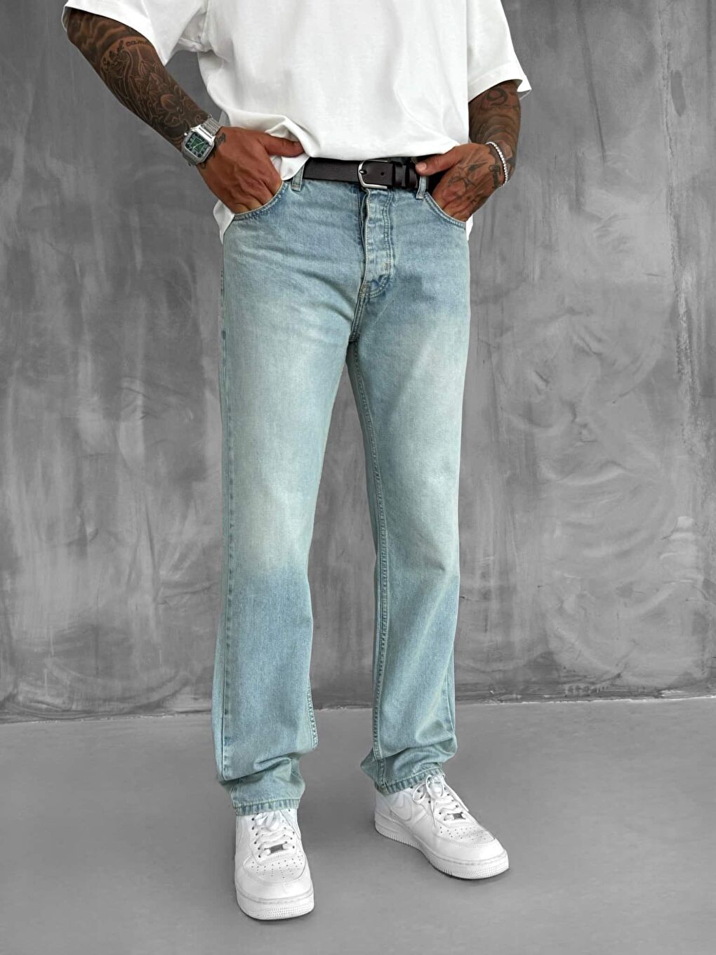 Erkek Baggy Fit Eskitilmiş %100 Pamuk Jean Pantolon Buz Mavi