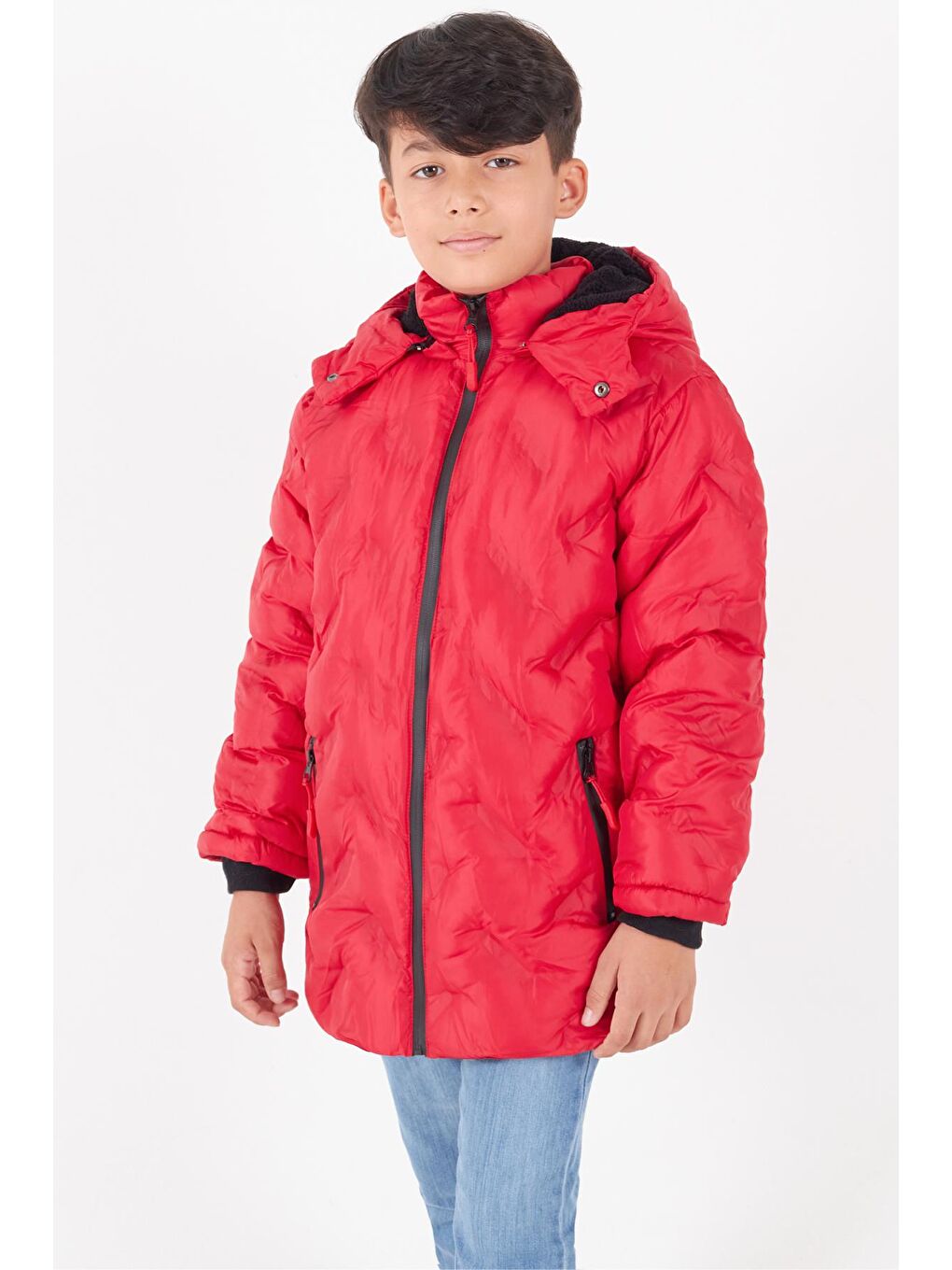 Kırmızı Erkek Çocuk Mont Çapraz Baskılı Kapüşonlu Şişme Mont 14539-2