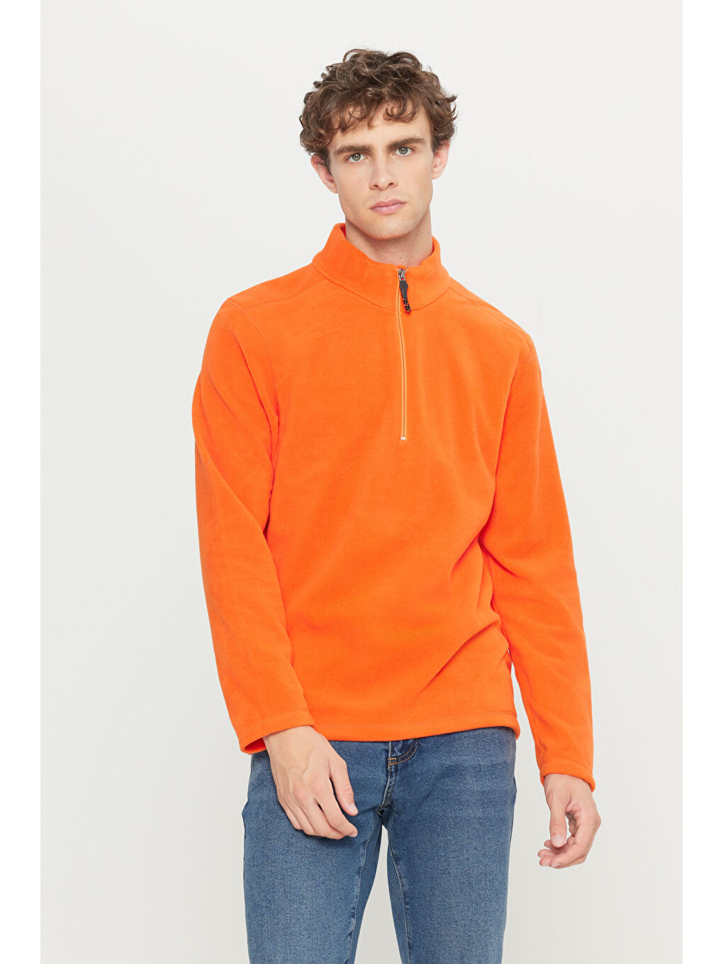 Erkek Turuncu Anti-Pilling Tüylenme Yapmayan Standart Fit Dik Yaka Polar Sweatshirt