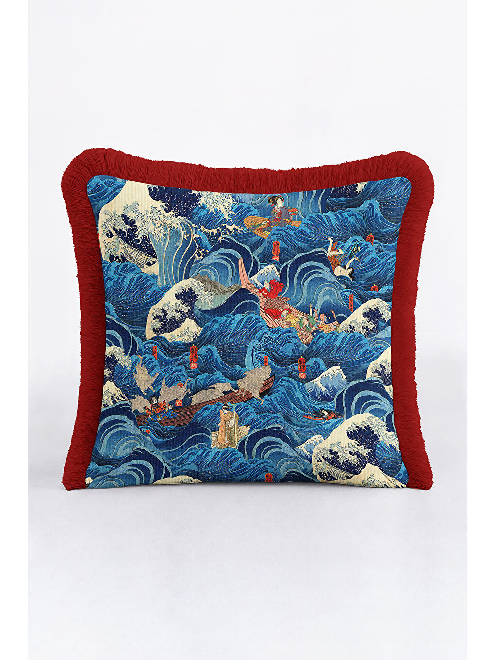 Karışık Japon Stil Dalga Motifli Saçaklı Yastık Kılıf - Uzak Doğu Sanatı Mavi Kırmızı Püsküllü Kırlent Kılıf-1