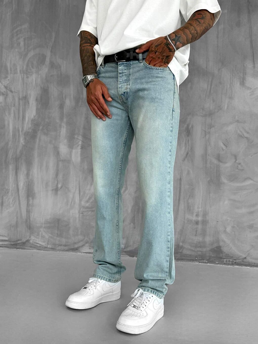 Erkek Baggy Fit Eskitilmiş %100 Pamuk Jean Pantolon Buz Mavi-1