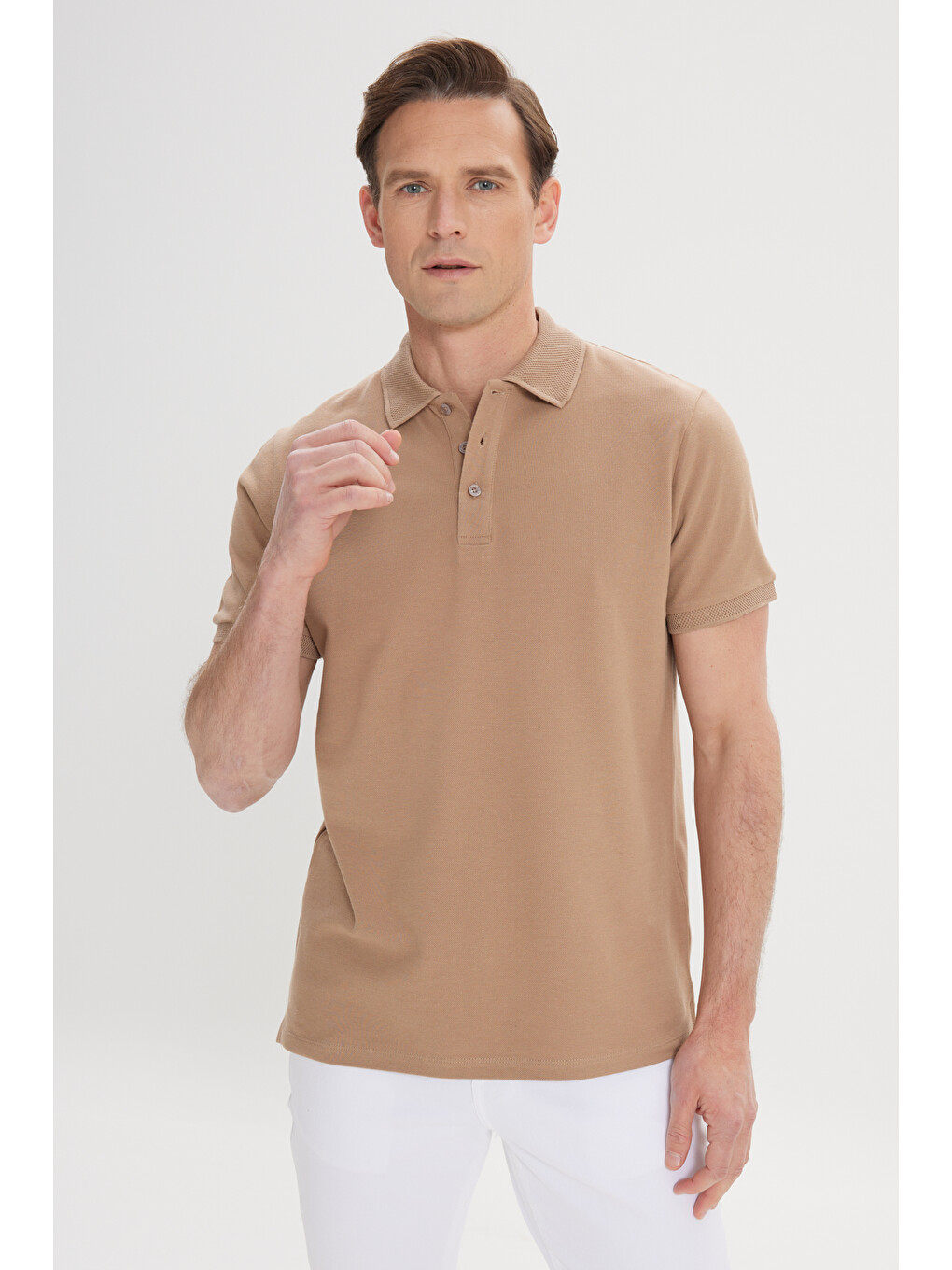 Bej Erkek Vizon Slim Fit Dar Kesim Polo Yaka %100 Pamuk Kısa Kollu Tişört-2