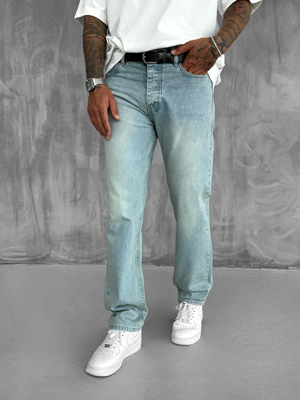 Erkek Baggy Fit Eskitilmiş %100 Pamuk Jean Pantolon Buz Mavi-2