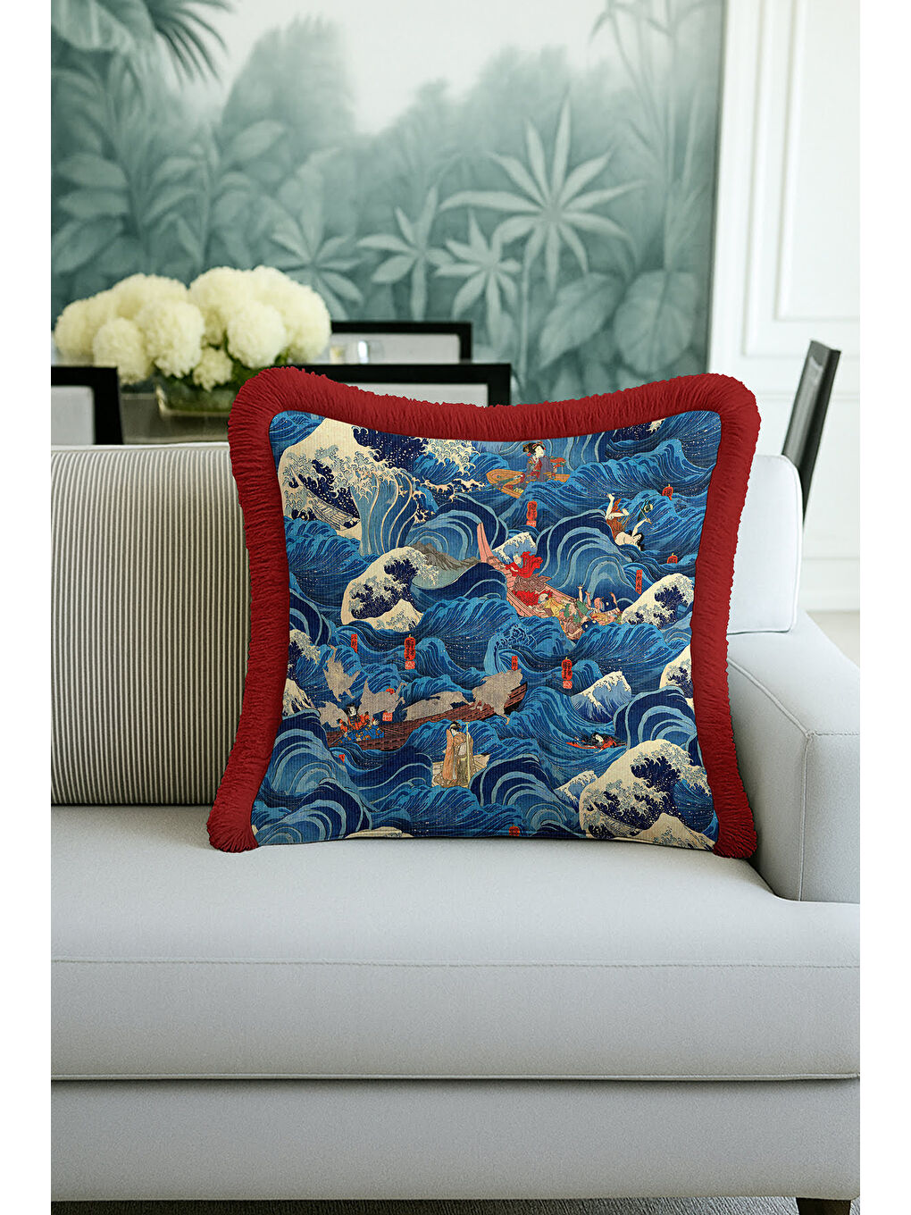 Karışık Japon Stil Dalga Motifli Saçaklı Yastık Kılıf - Uzak Doğu Sanatı Mavi Kırmızı Püsküllü Kırlent Kılıf-2