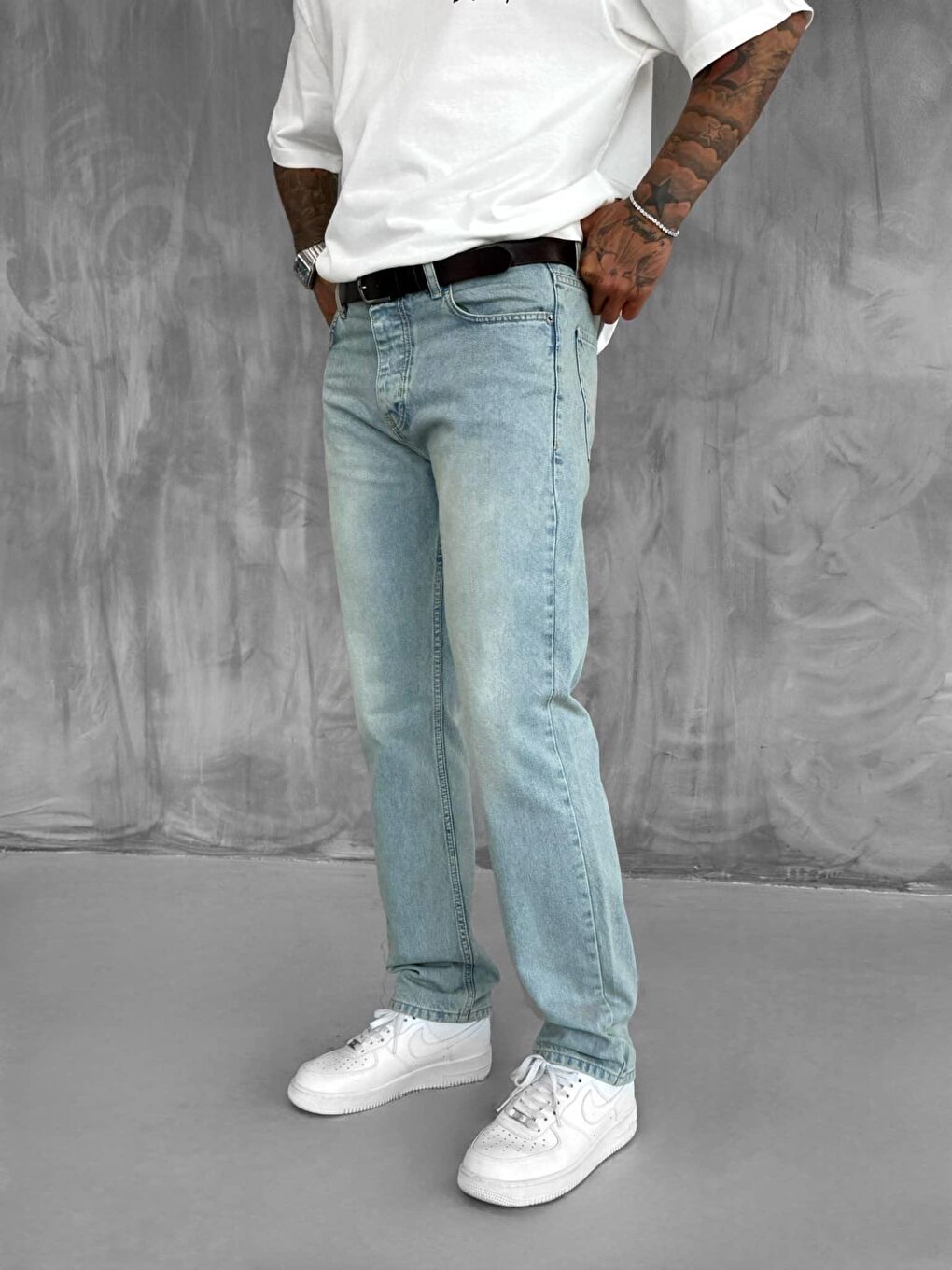 Erkek Baggy Fit Eskitilmiş %100 Pamuk Jean Pantolon Buz Mavi-3