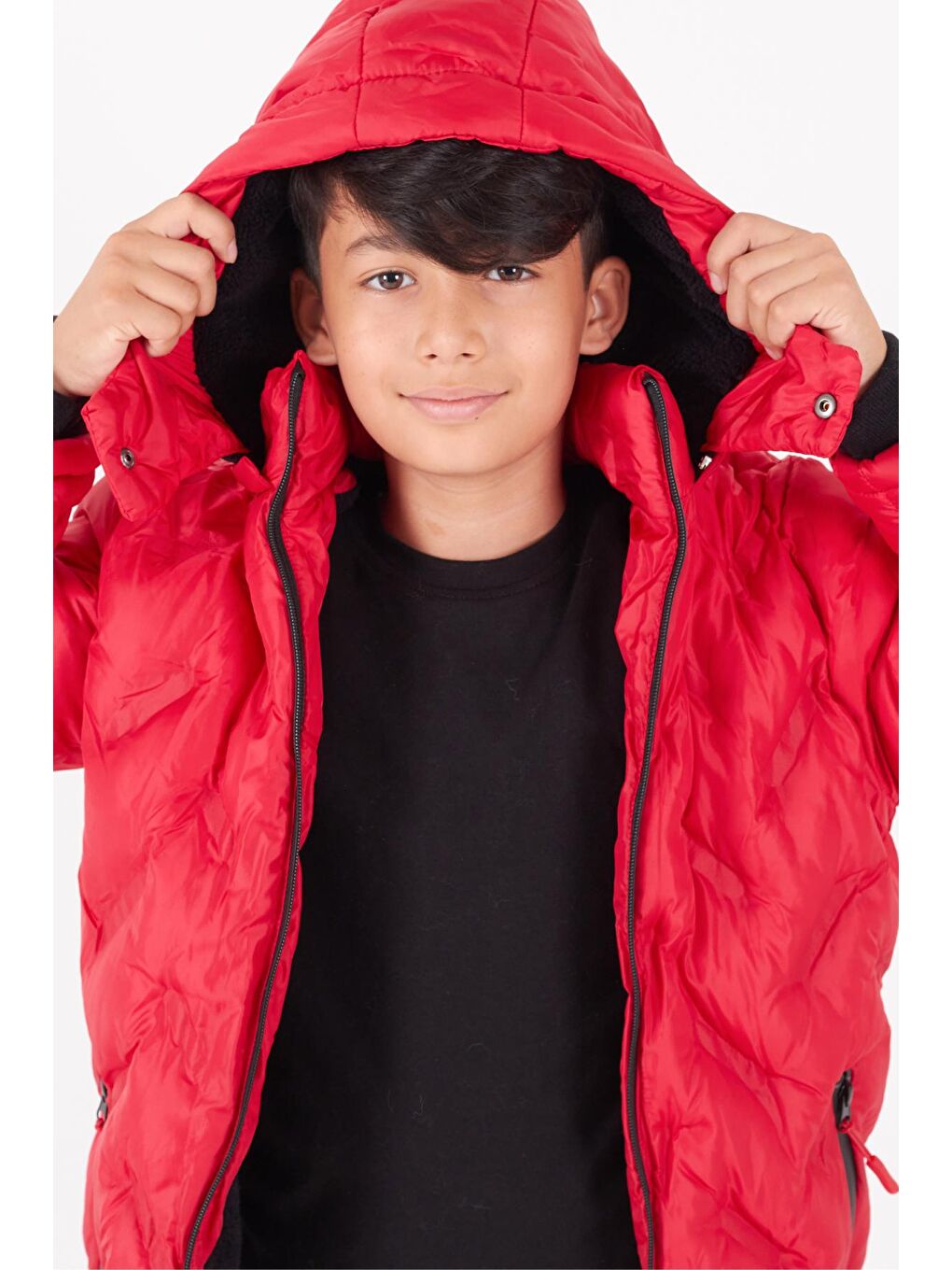 Kırmızı Erkek Çocuk Mont Çapraz Baskılı Kapüşonlu Şişme Mont 14539-3