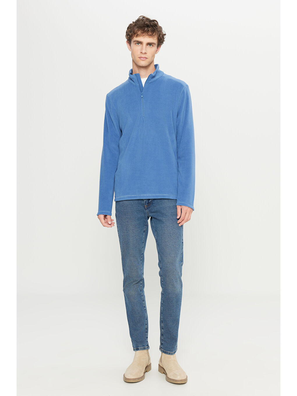 Erkek İndigo Anti-Pilling Tüylenme Yapmayan Standart Fit Dik Yaka Polar Sweatshirt-1