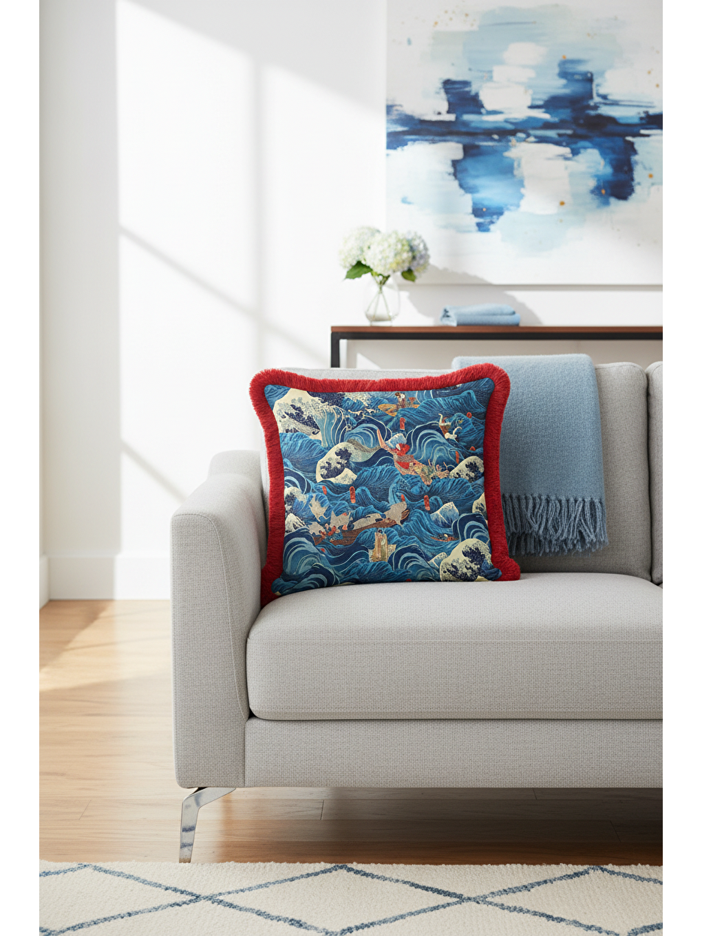 Karışık Japon Stil Dalga Motifli Saçaklı Yastık Kılıf - Uzak Doğu Sanatı Mavi Kırmızı Püsküllü Kırlent Kılıf-3