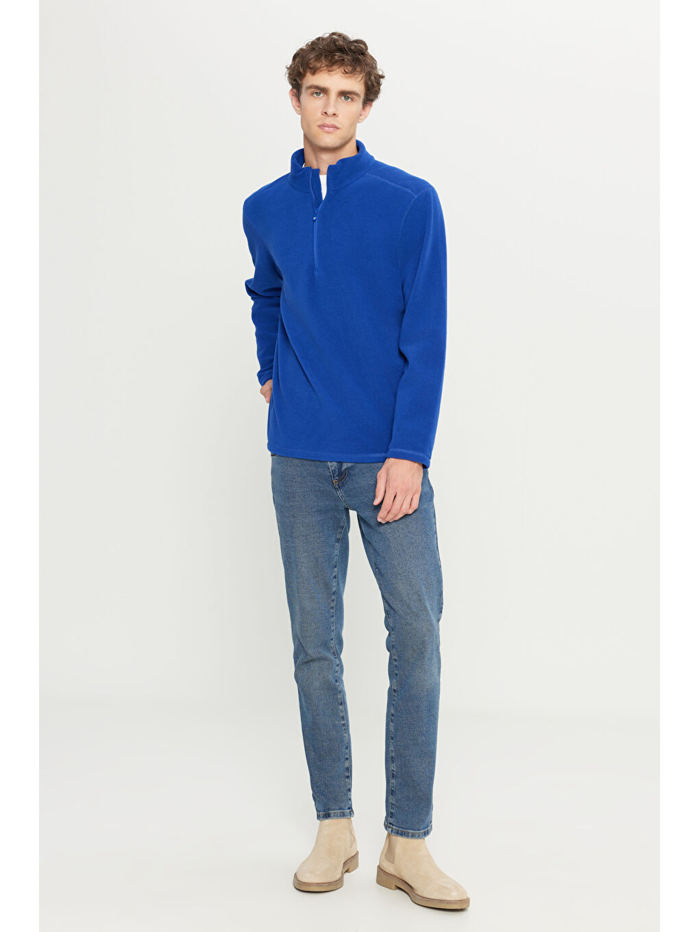Mavi Erkek Saks Anti-Pilling Tüylenme Yapmayan Standart Fit Dik Yaka Polar Sweatshirt-1