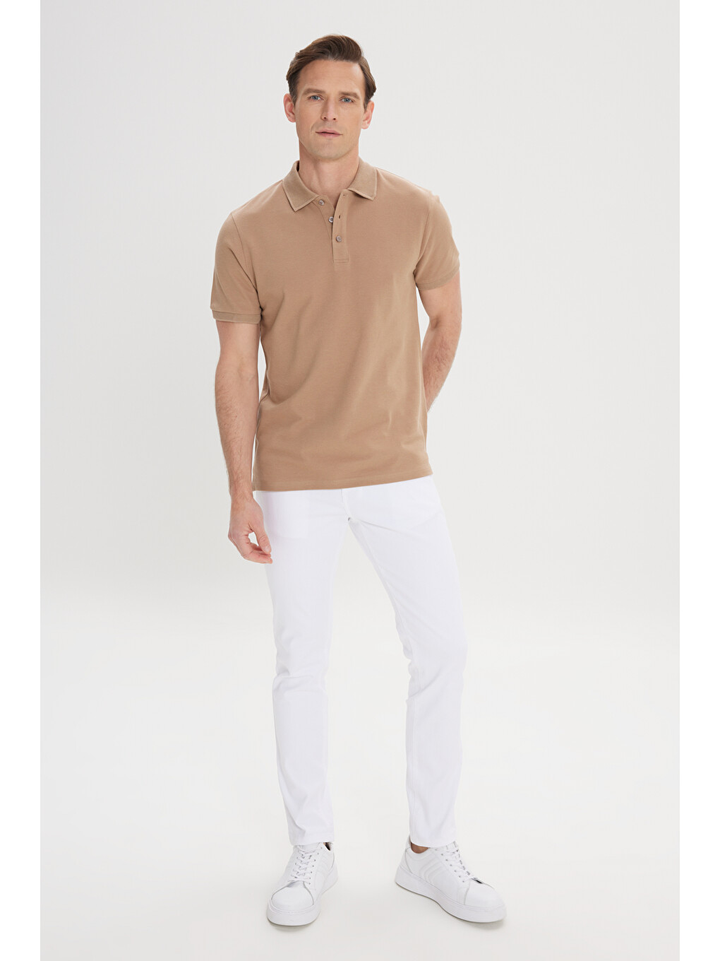 Bej Erkek Vizon Slim Fit Dar Kesim Polo Yaka %100 Pamuk Kısa Kollu Tişört-4