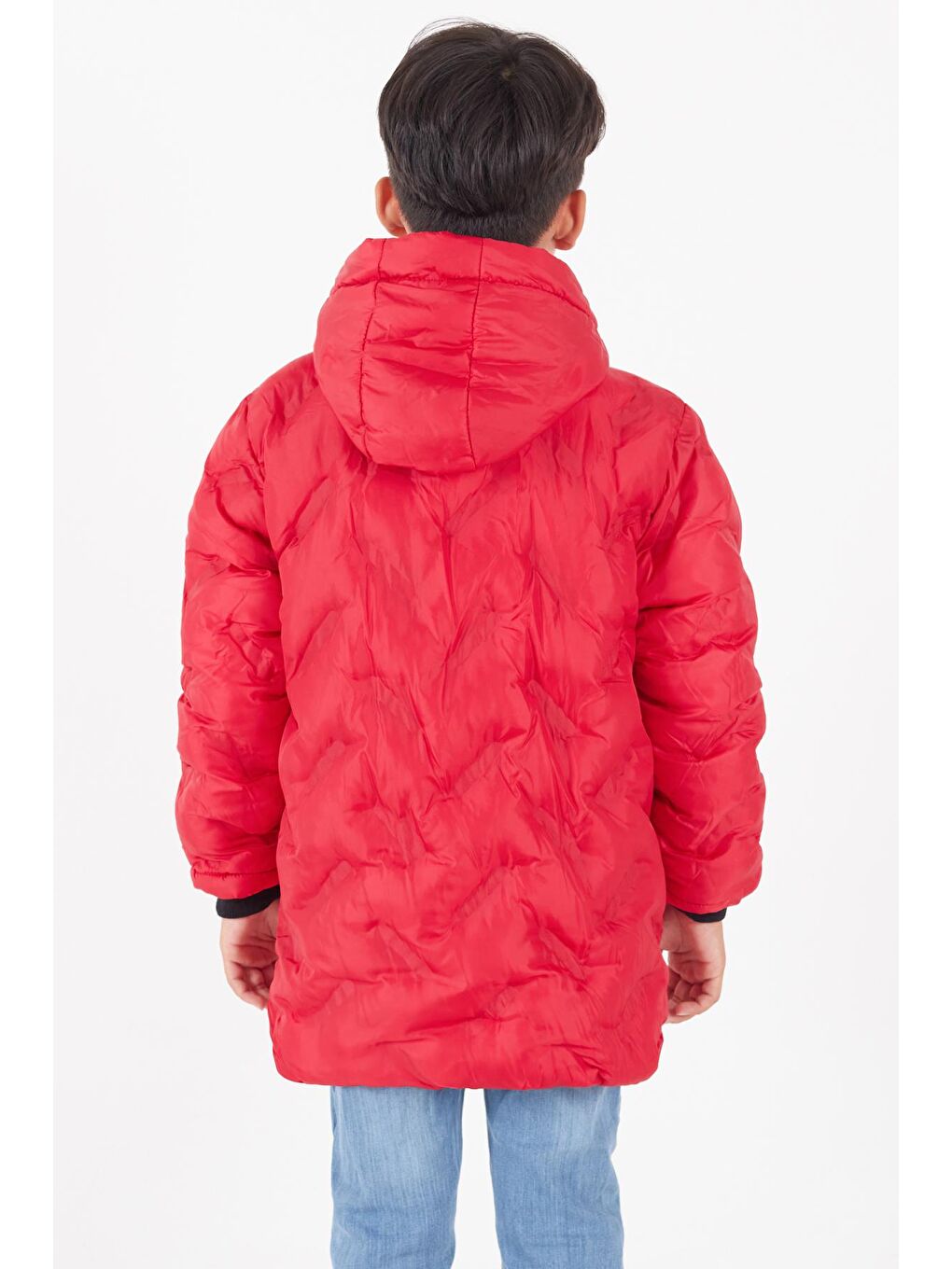 Kırmızı Erkek Çocuk Mont Çapraz Baskılı Kapüşonlu Şişme Mont 14539-4
