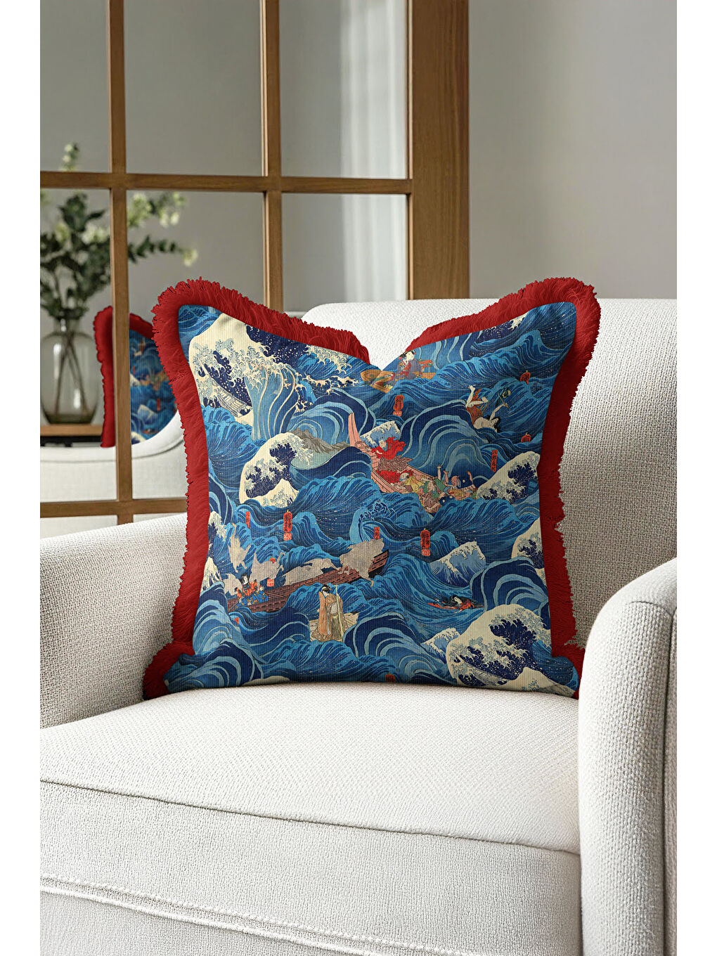 Karışık Japon Stil Dalga Motifli Saçaklı Yastık Kılıf - Uzak Doğu Sanatı Mavi Kırmızı Püsküllü Kırlent Kılıf-4