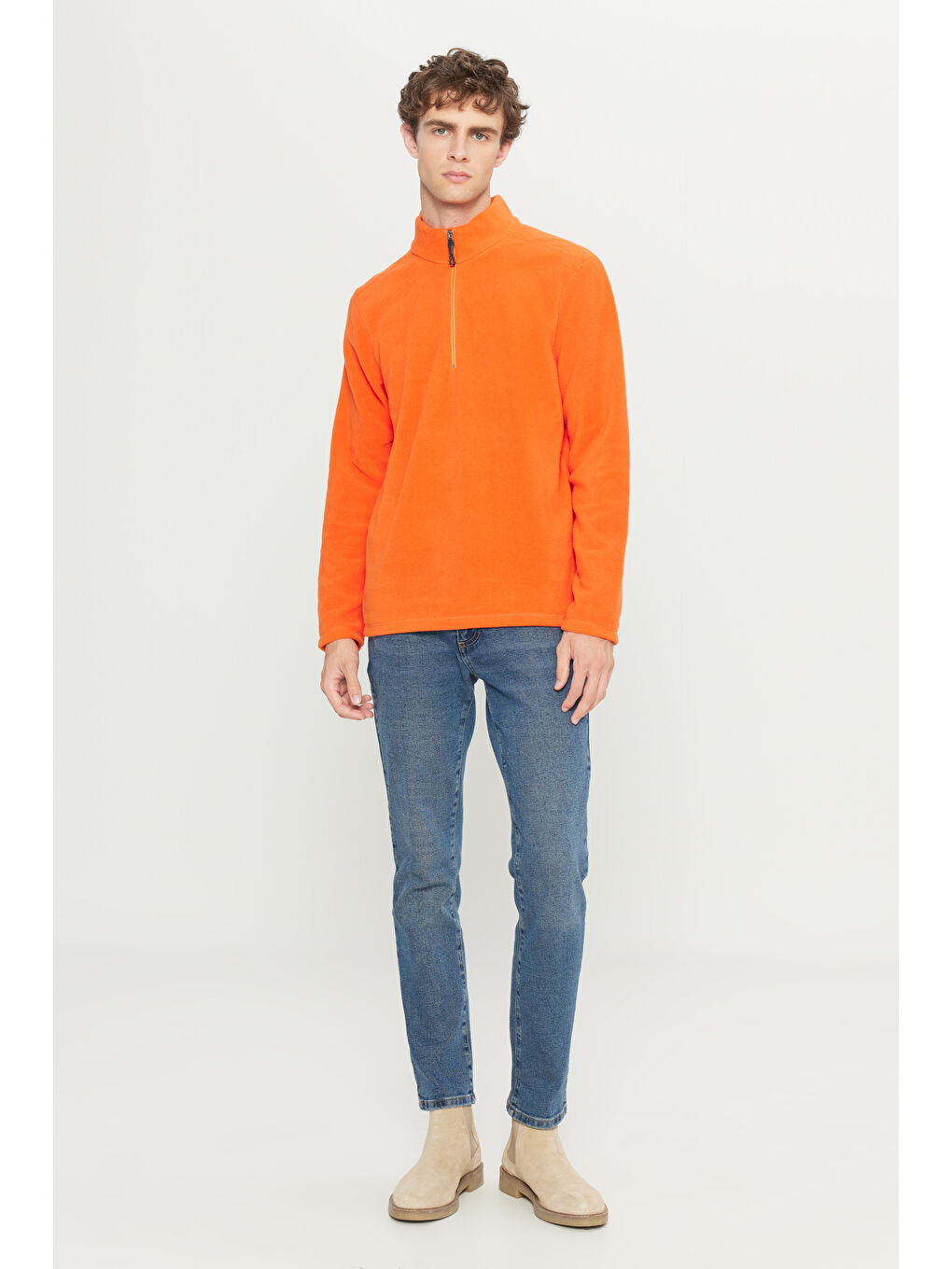 Erkek Turuncu Anti-Pilling Tüylenme Yapmayan Standart Fit Dik Yaka Polar Sweatshirt-1