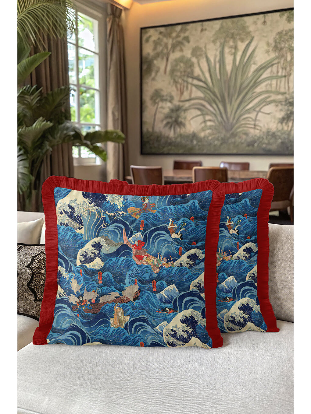 Karışık Japon Stil Dalga Motifli Saçaklı Yastık Kılıf - Uzak Doğu Sanatı Mavi Kırmızı Püsküllü Kırlent Kılıf-5