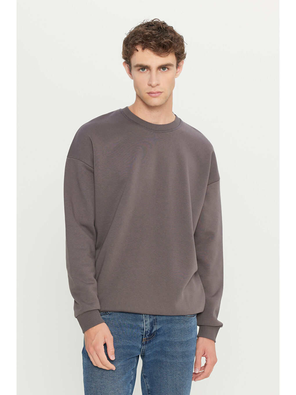 Erkek Koyu Gri Oversize Fit Bol Kesim Pamuklu İçi Polarlı Bisiklet Yaka Sweatshirt